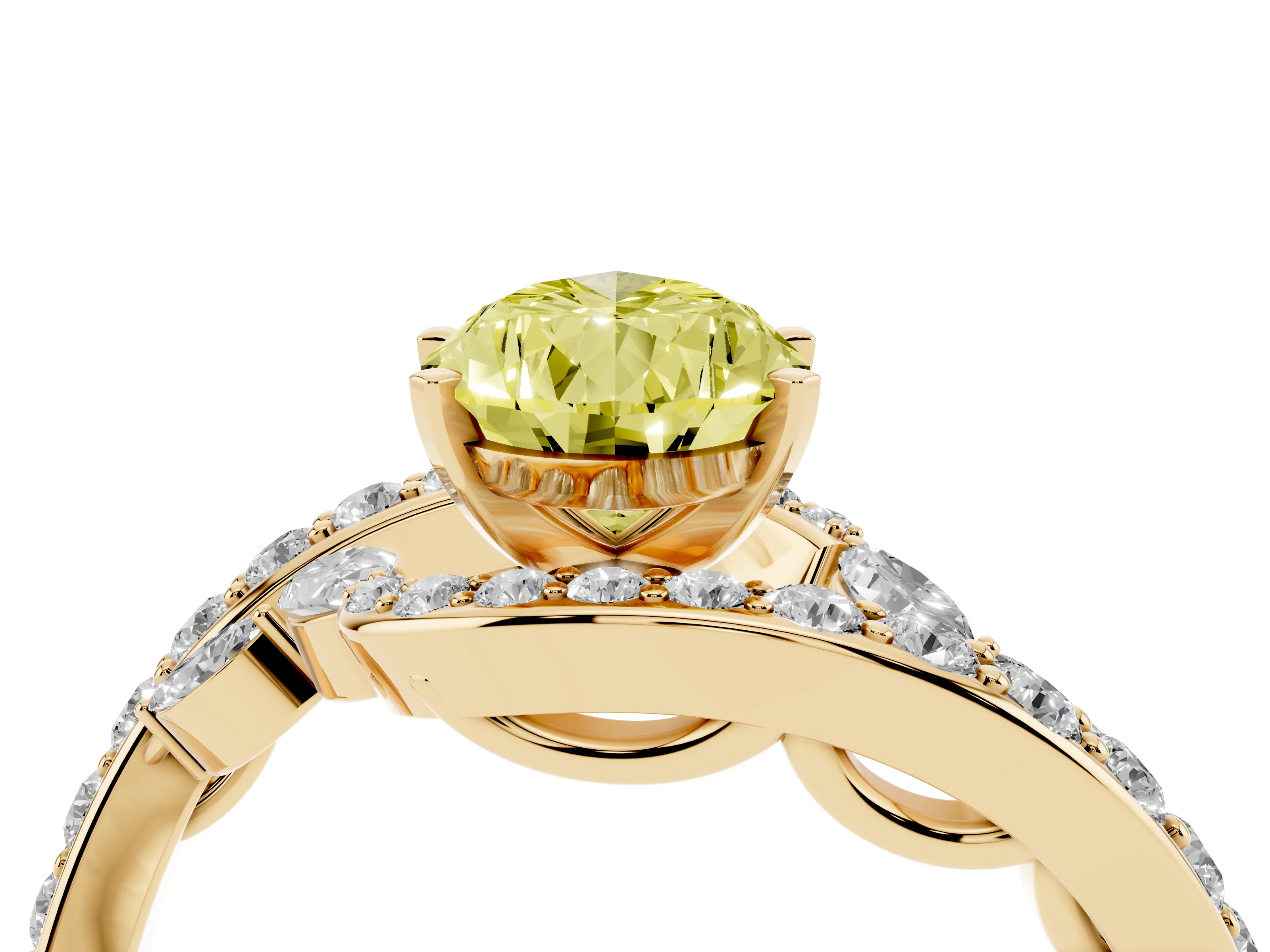 Fancy Yellow Pear Cut Diamond Solitaire Ring Set in Yellow gold with Pavé Twist Band and Secure Prong Setting
