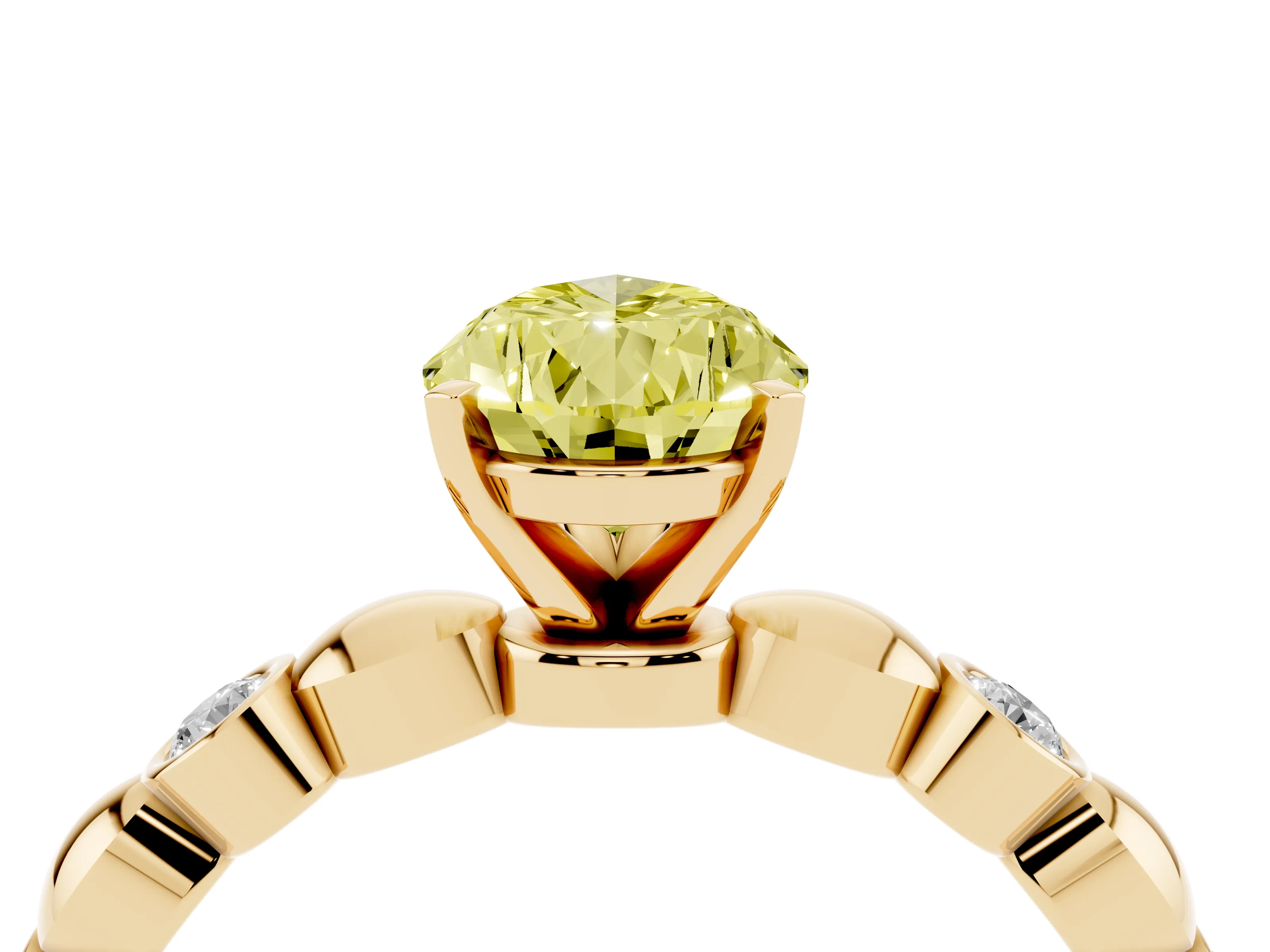 Fancy Yellow Pear Cut Diamond Solitaire Ring Set in Yellow gold with Bezel-Set Accents on Beaded Band and Prong Setting