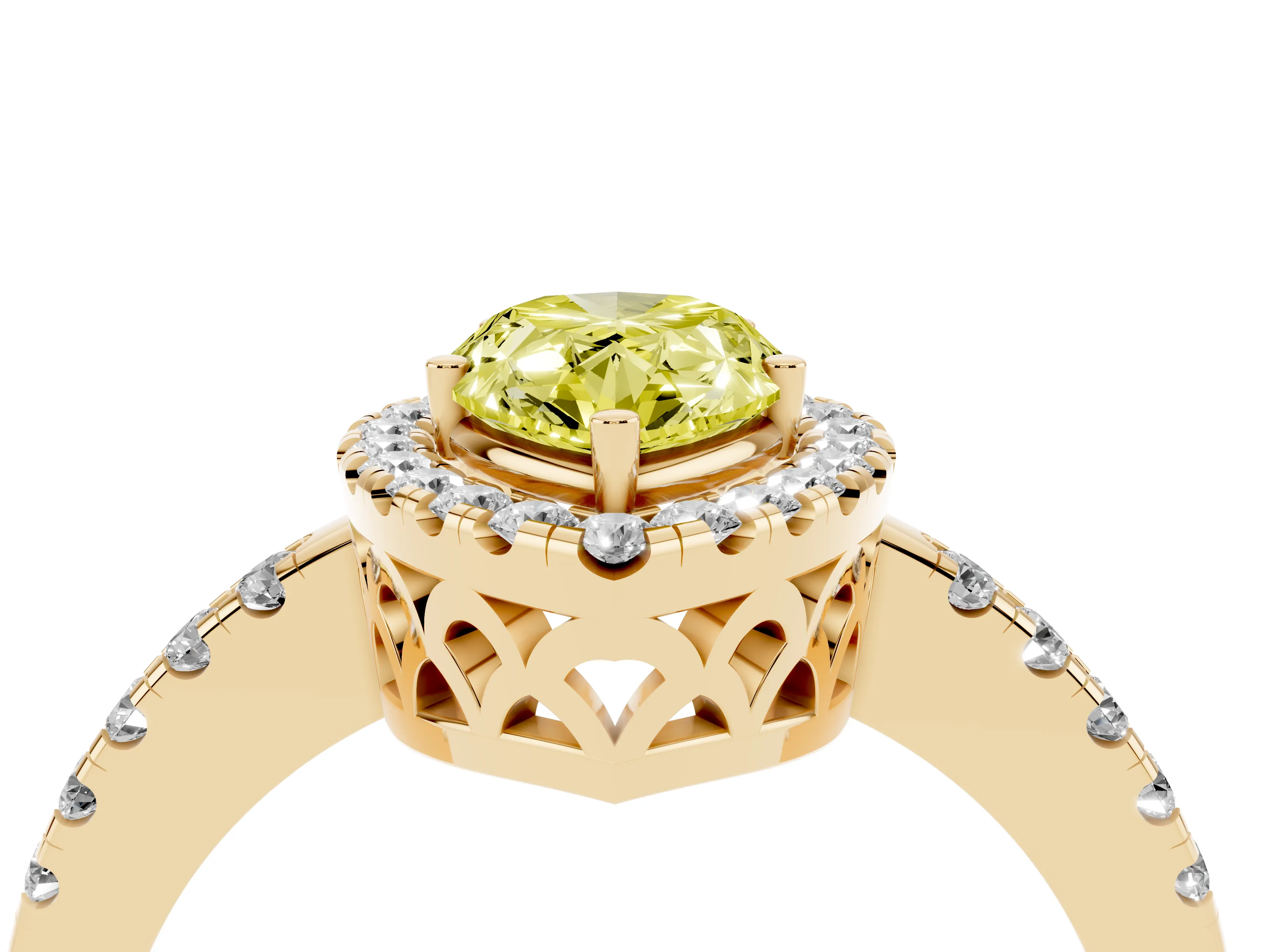 Fancy Yellow Pear Cut Diamond Pavé Band Halo Engagement Ring Set in Yellow gold with Prong Setting