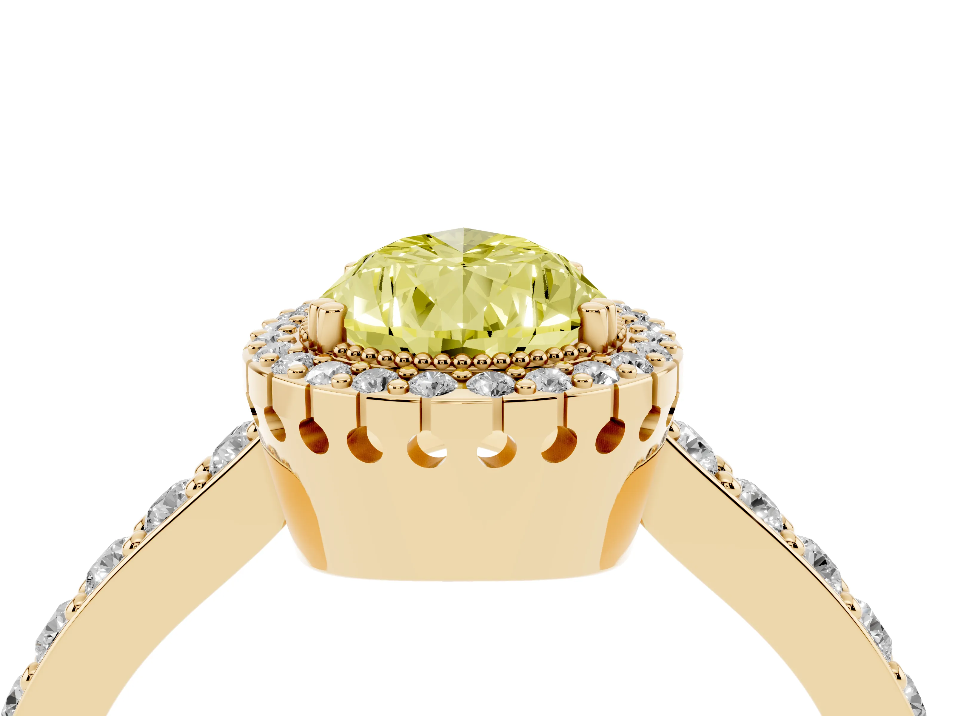 Fancy Yellow Pear Cut Diamond Halo Engagement Ring Set in Yellow gold with Milgrain Detail and Pavé Band