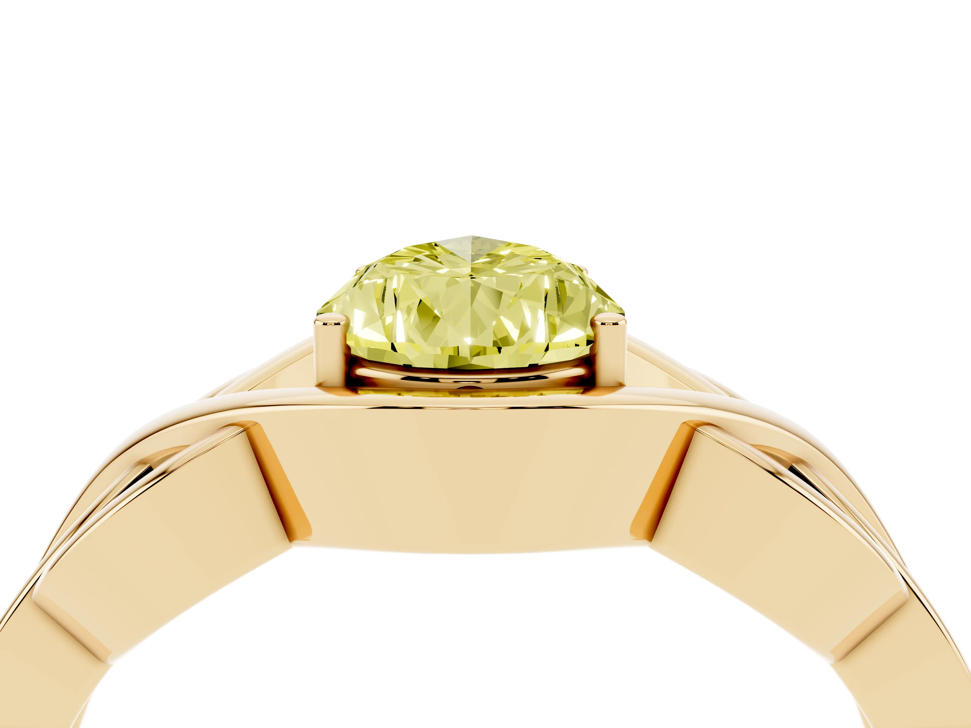 Fancy Yellow Pear Cut Diamond Solitaire Ring Set in Yellow gold with Intertwined Band
