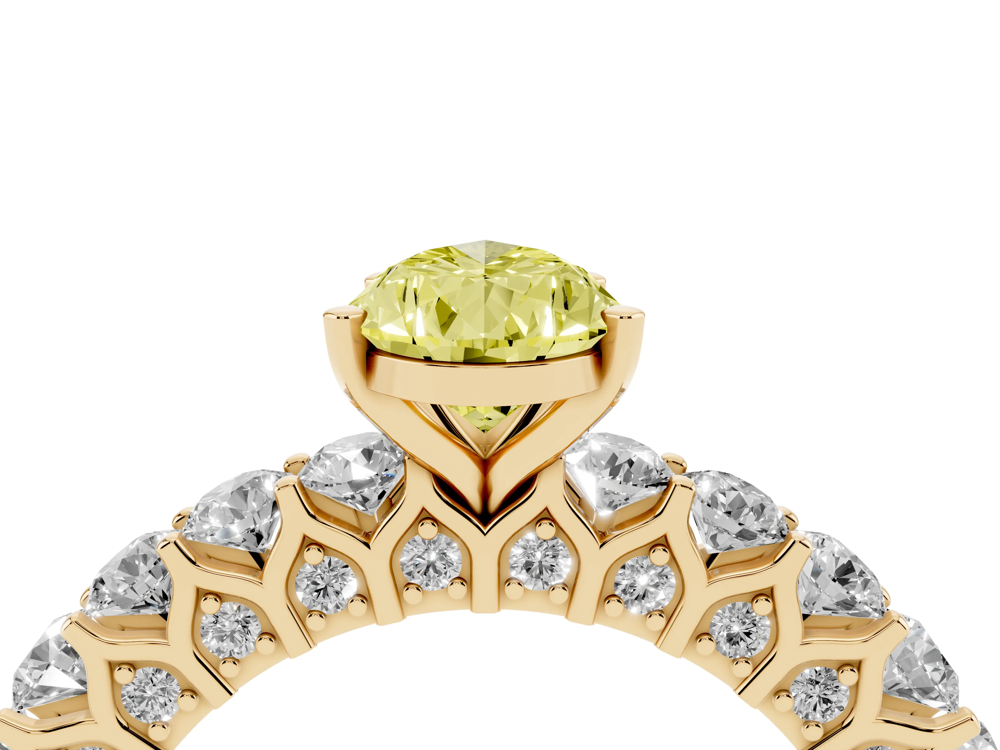 Fancy Yellow Pear Cut Diamond Solitaire Ring Set in Yellow gold with Shared Prong Pavé Band