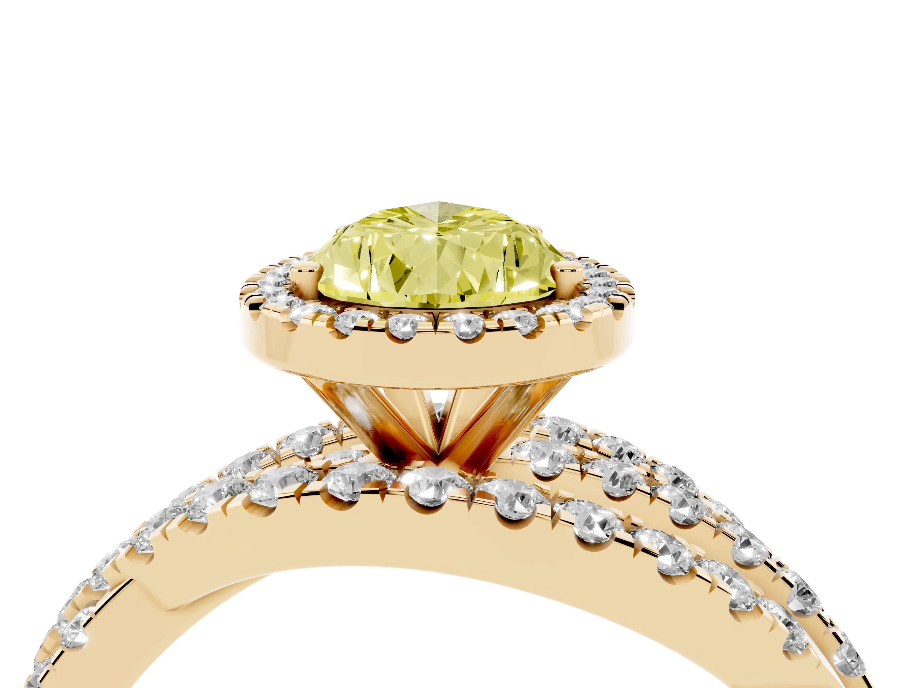 Fancy Yellow Pear Cut Diamond Halo Ring Set in Yellow gold with Round Crossover Split Shank and Prong Setting