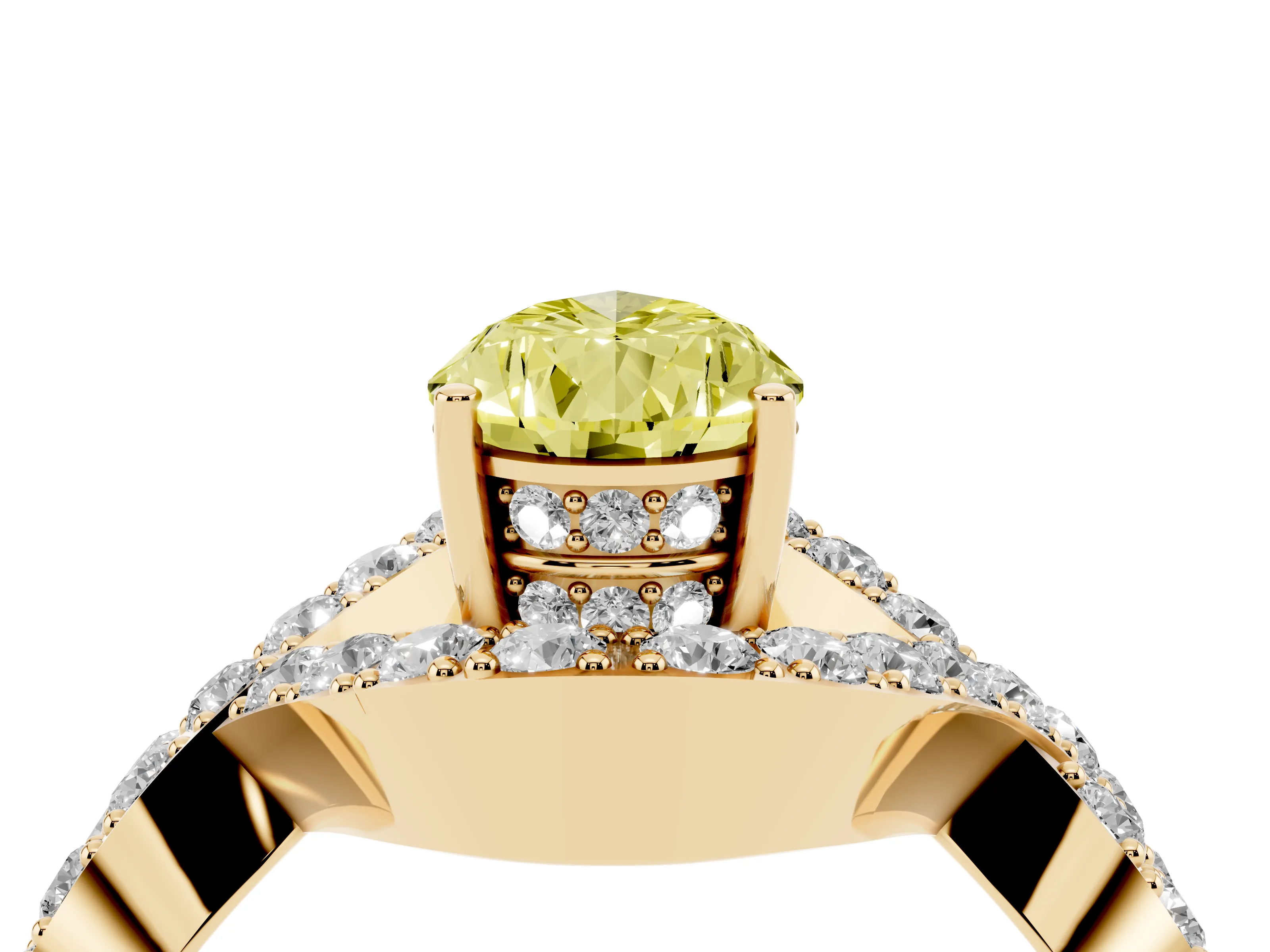 Fancy Yellow Pear Cut Diamond Solitaire Twist Band Pavé Engagement Ring Set in Yellow gold