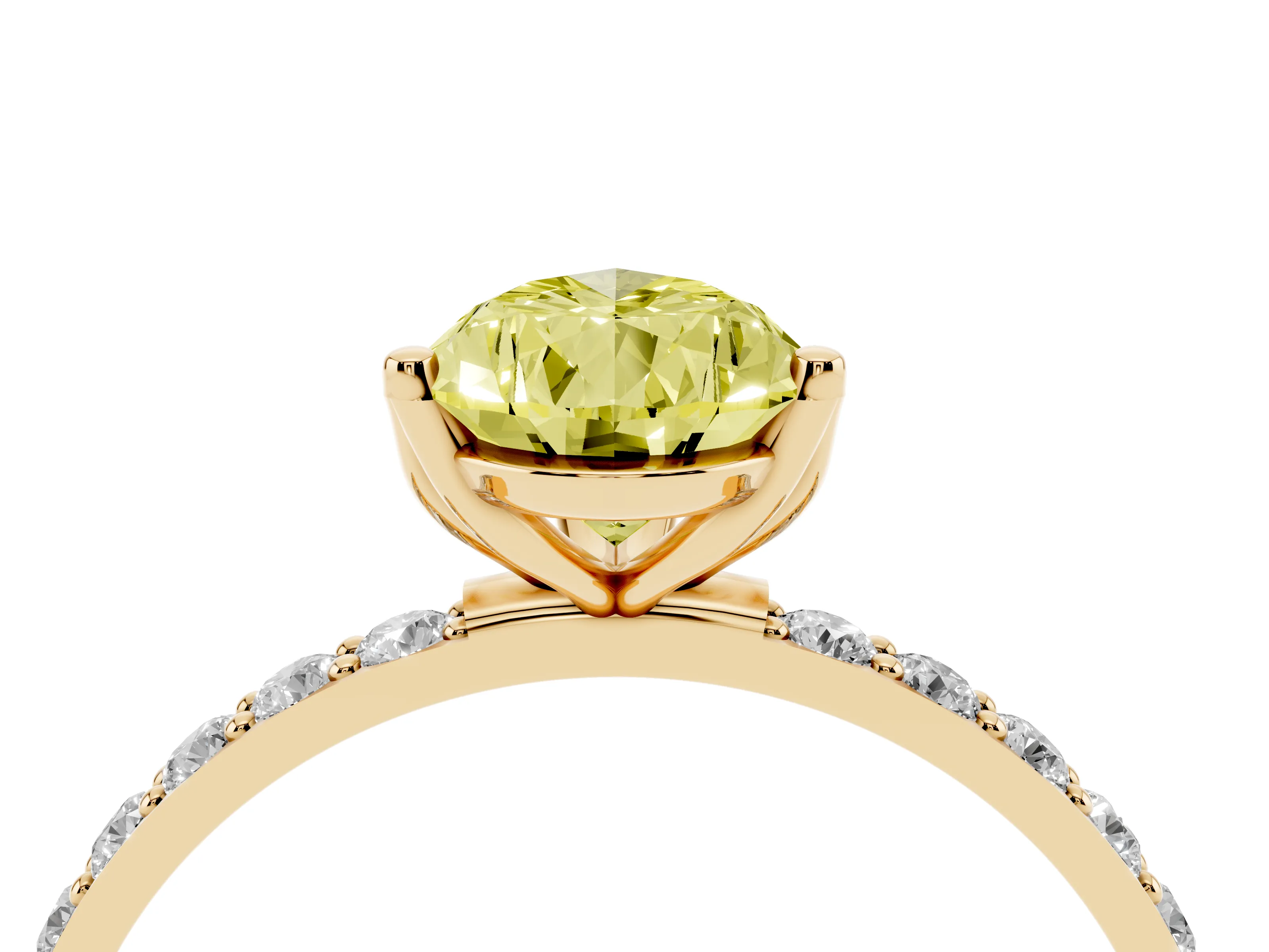 Fancy Yellow Pear Cut Diamond Solitaire Engagement Ring Set in Yellow gold with Round Pavé Band and Prong Setting
