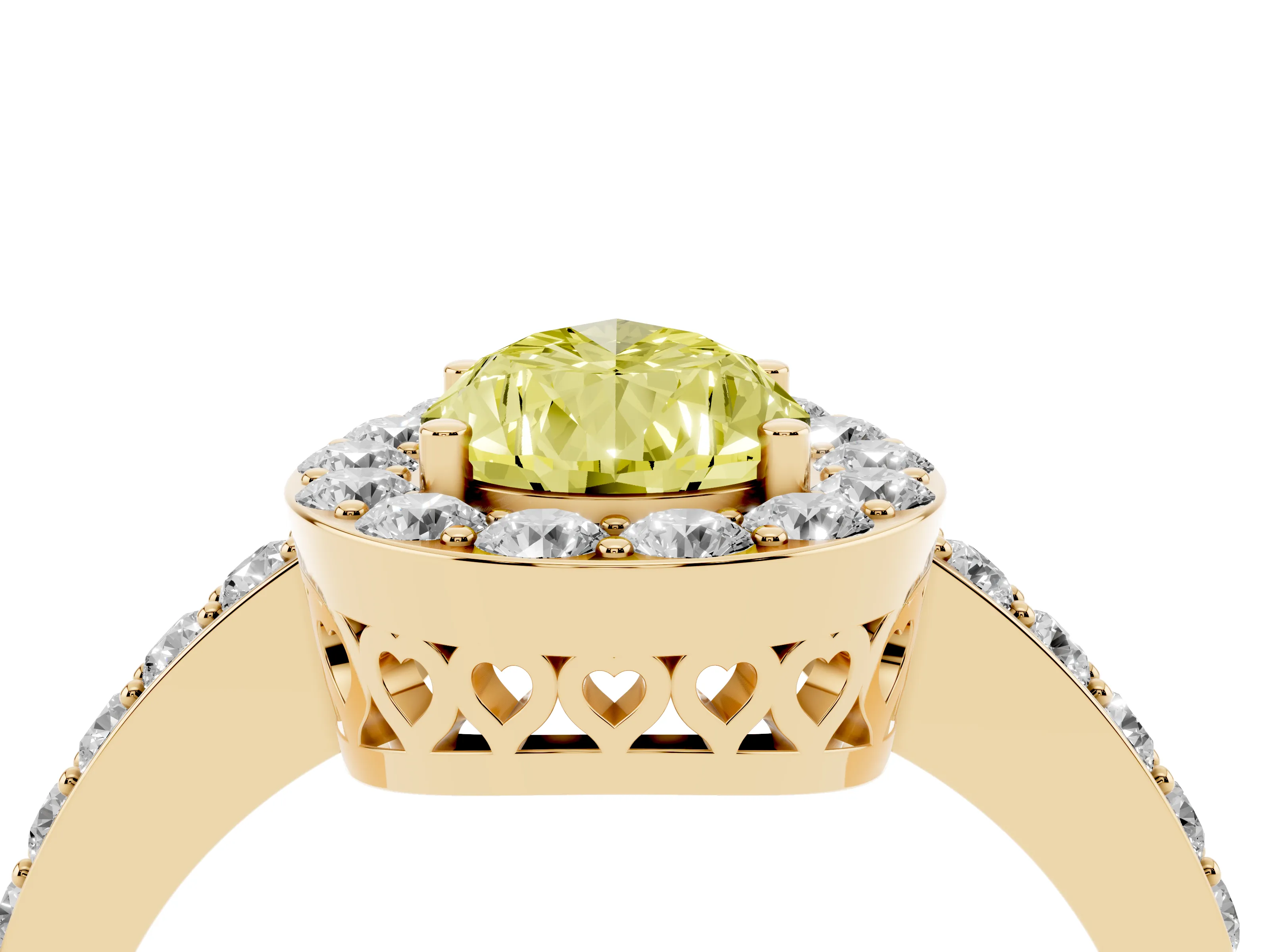Fancy Yellow Pear Cut Diamond Halo Ring Set in Yellow gold with Pavé-Setting Band and Open Prong Center