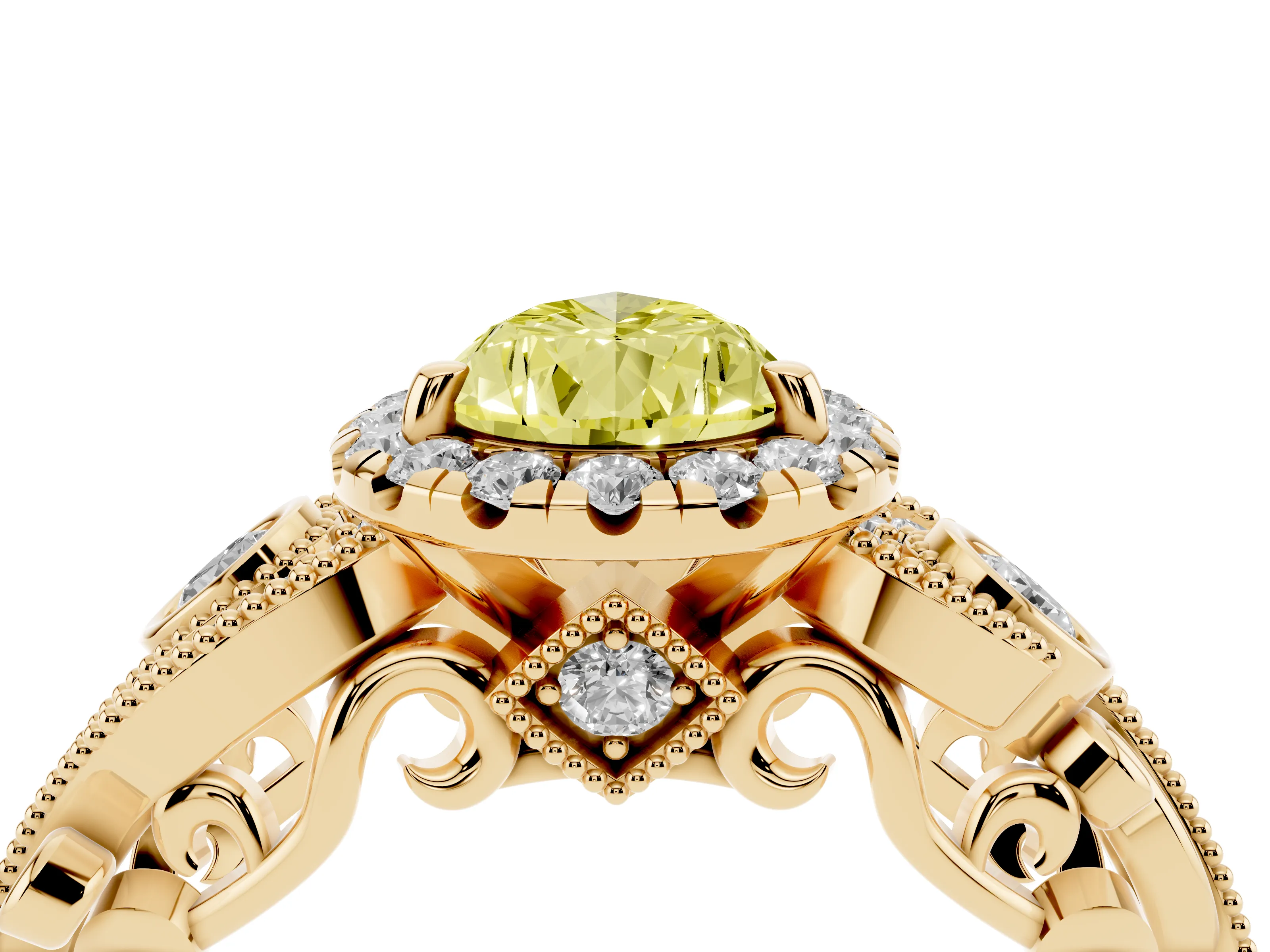 Fancy Yellow Pear Cut Diamond Halo Ring Set in Yellow gold with Milgrain Pavé Band and Prong Setting