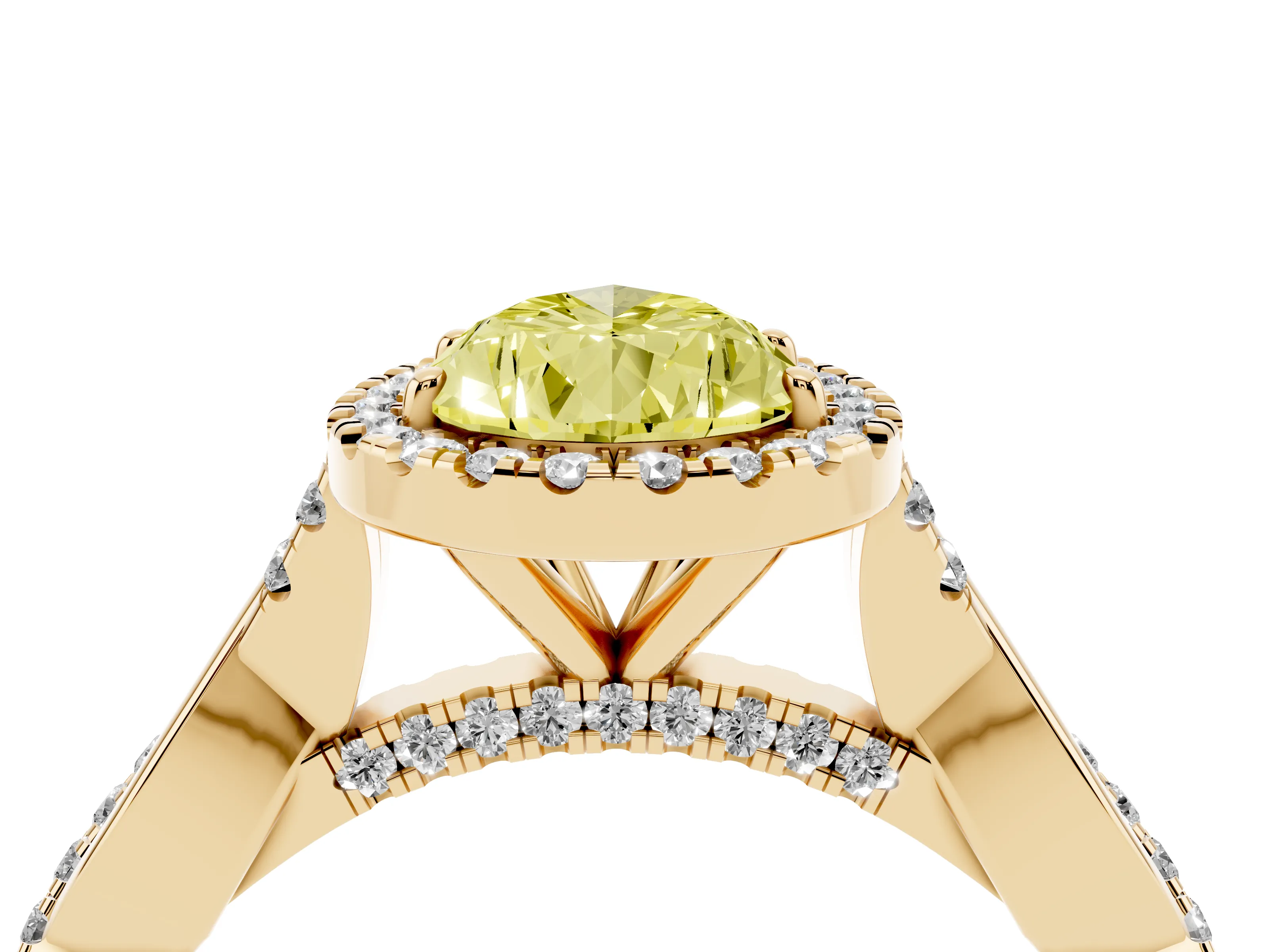 Fancy Yellow Pear Cut Diamond Halo Twist Band Solitaire Ring Set in Yellow gold with Prong Setting