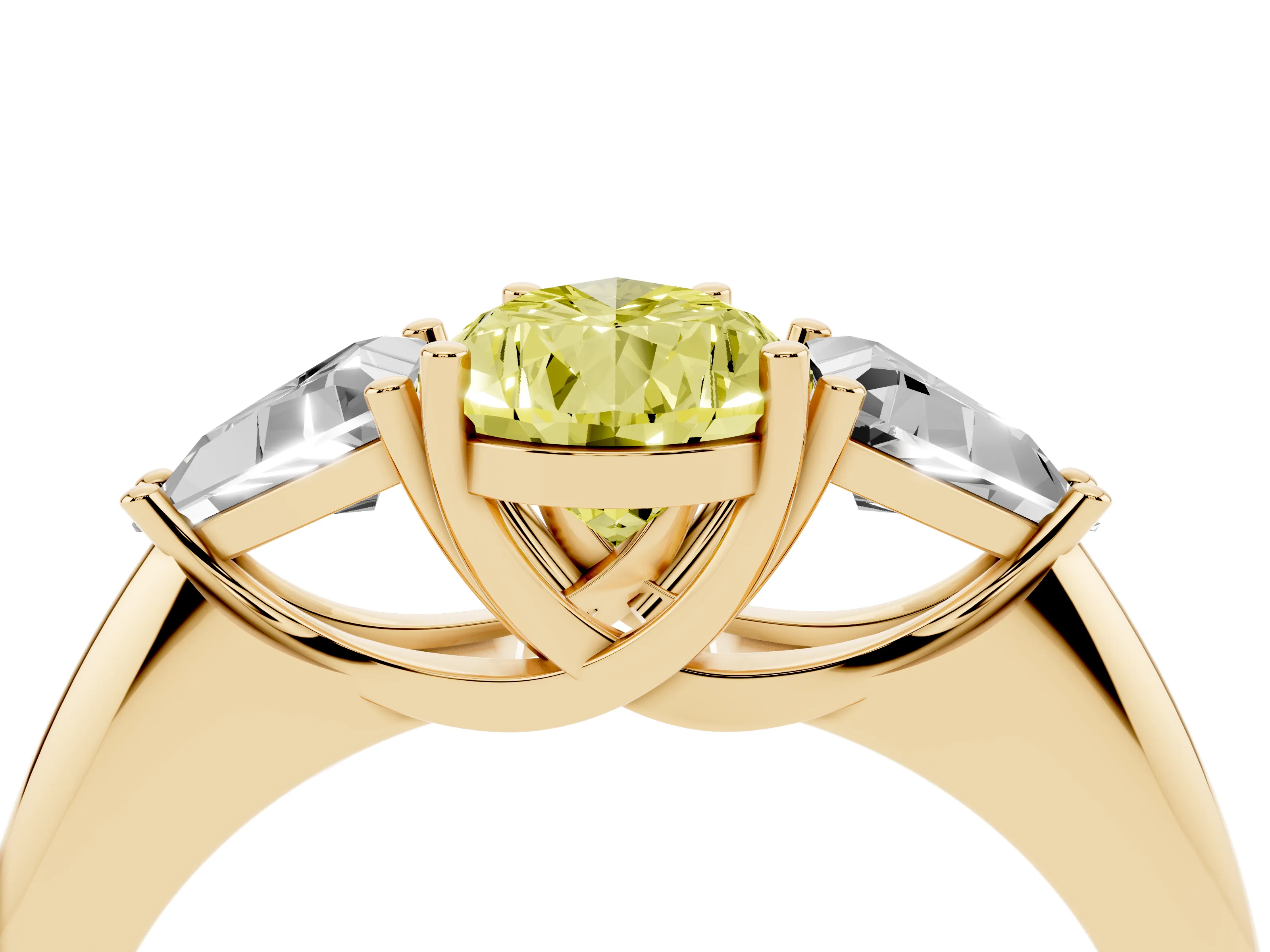 Fancy Yellow Pear Cut Diamond Three-Stone Engagement Ring Set in Yellow gold with Trillion Side Stones