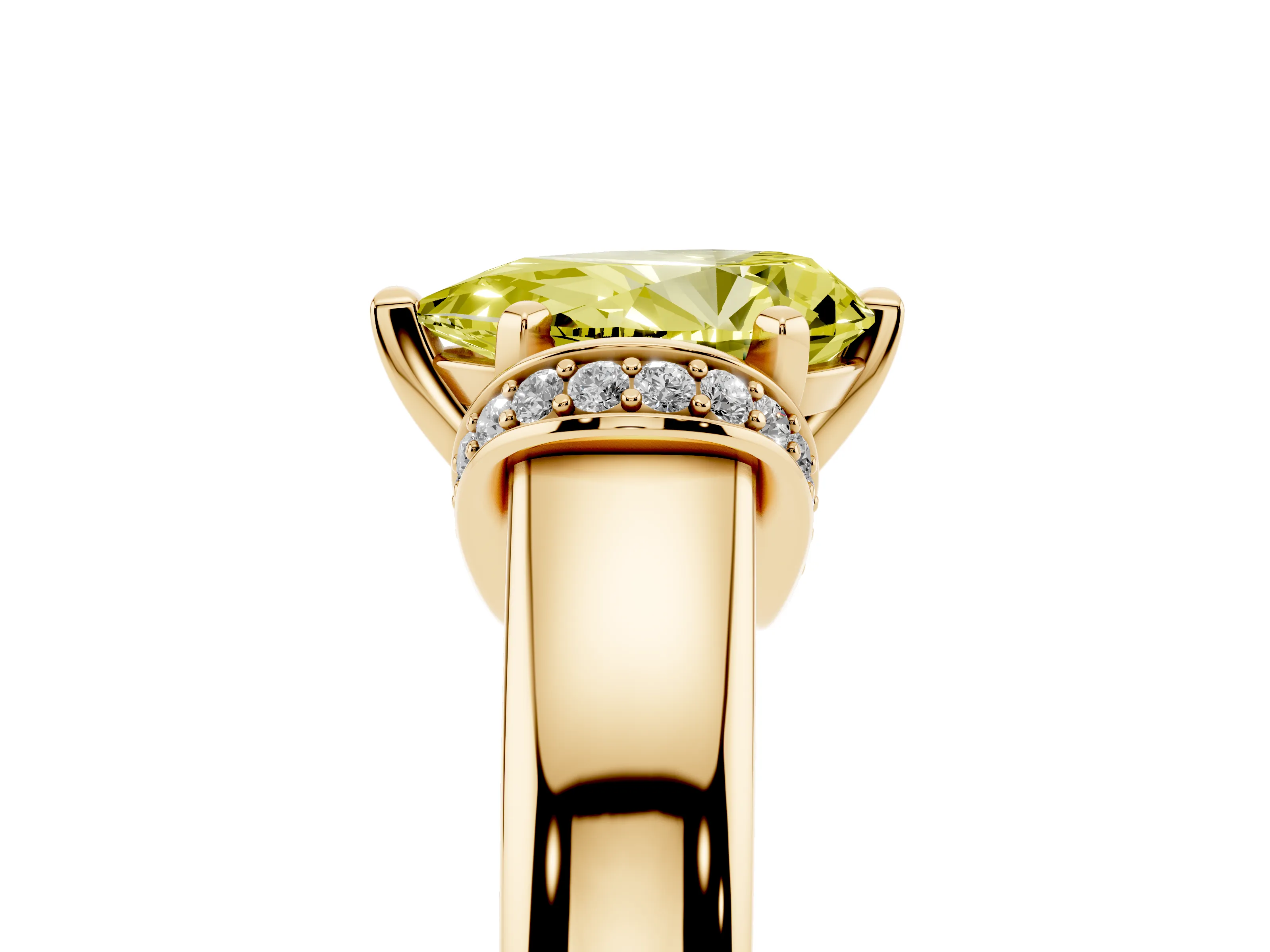 Fancy Yellow Pear Cut Diamond Pavé Band Solitaire Ring Set in Yellow gold with Prong Setting