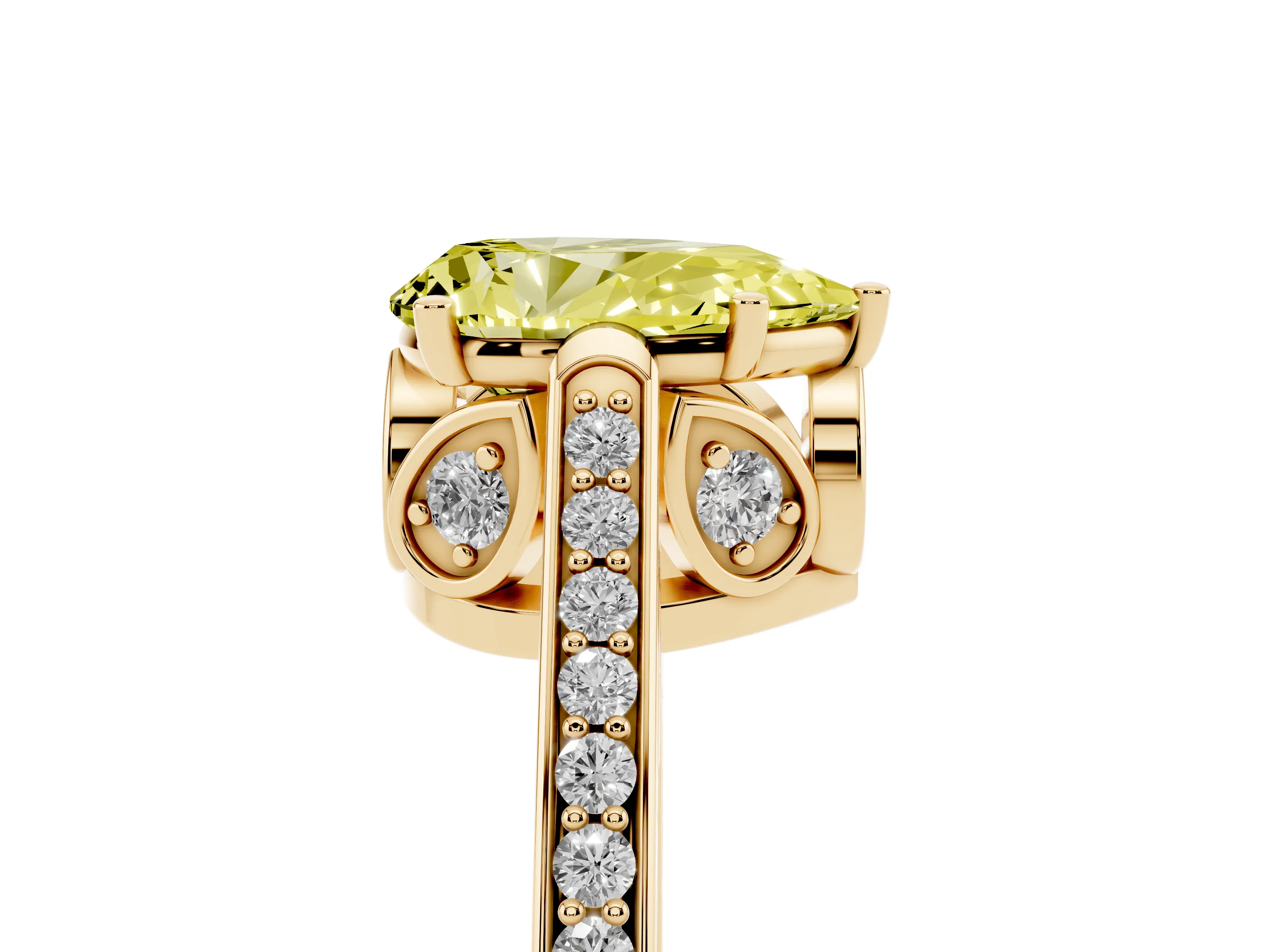 Fancy Yellow Pear Cut Diamond Cathedral Pavé Engagement Ring Set in Yellow gold with Prong Setting