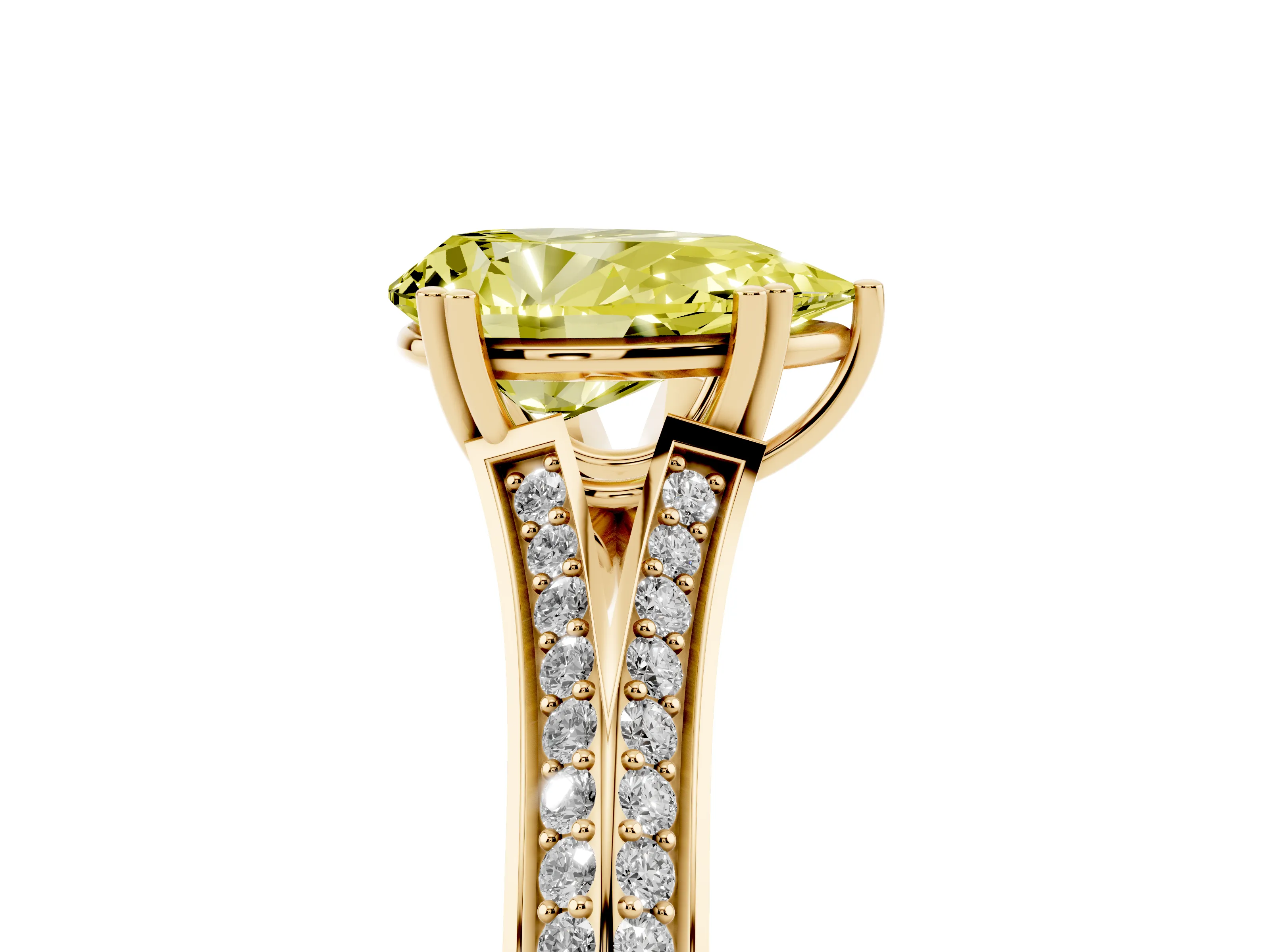 Fancy Yellow Pear Cut Diamond Split Shank Pavé Engagement Ring Set in Yellow gold with Prong-Set Center Stone