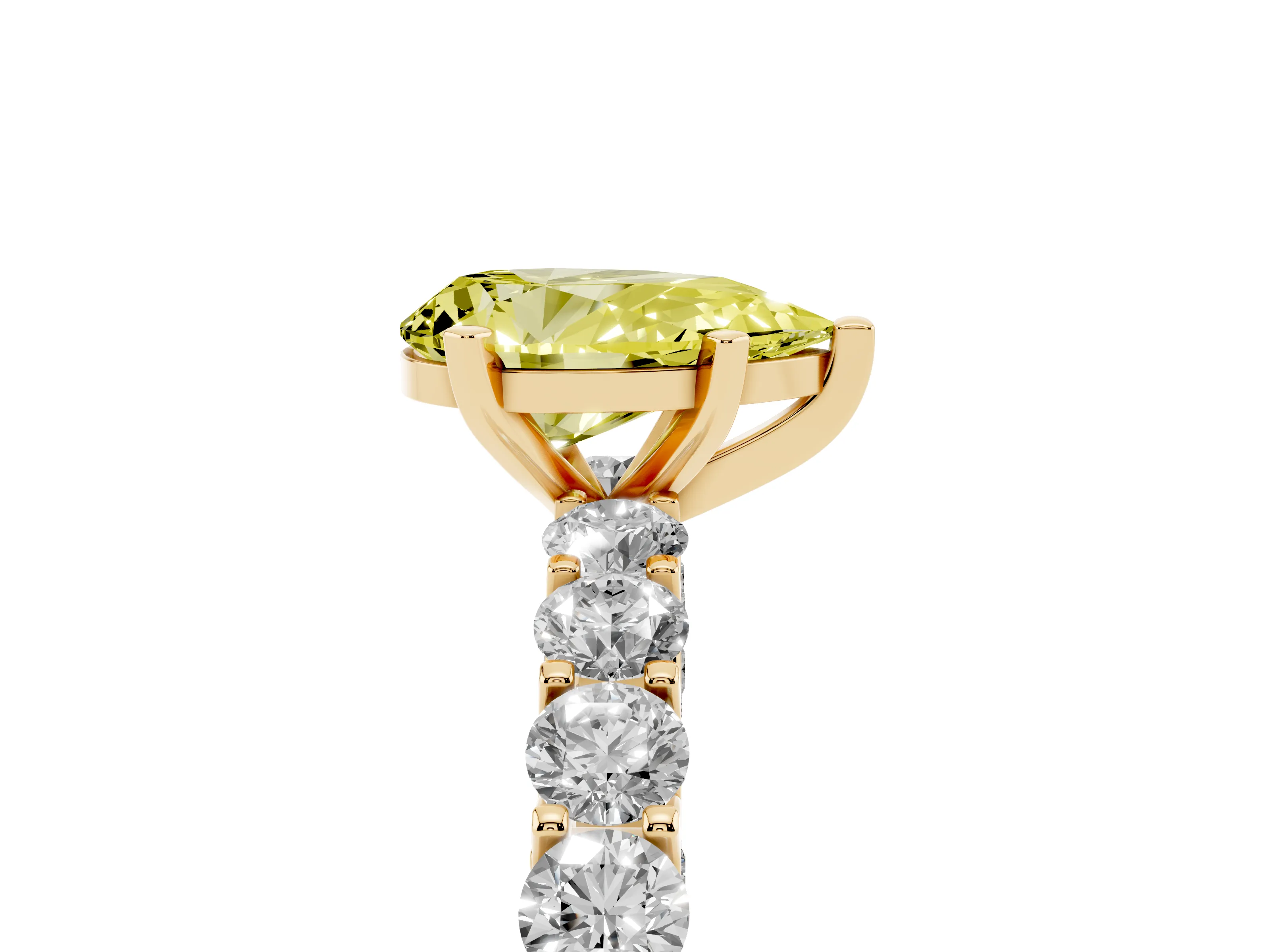 Fancy Yellow Pear Cut Diamond Solitaire Ring Set in Yellow gold with Shared Prong Pavé Band