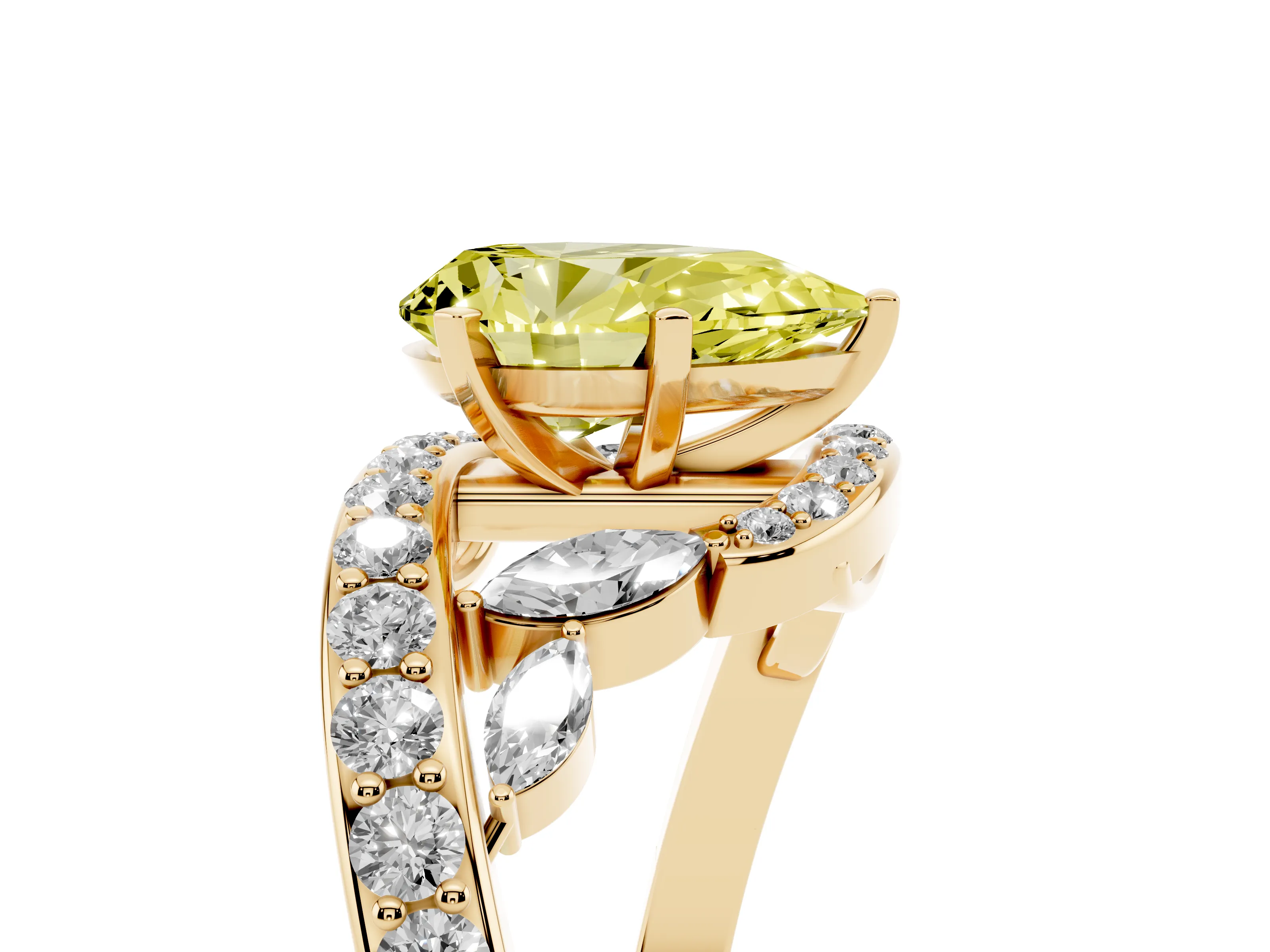 Fancy Yellow Pear Cut Diamond Solitaire Ring Set in Yellow gold with Pavé Twist Band and Secure Prong Setting