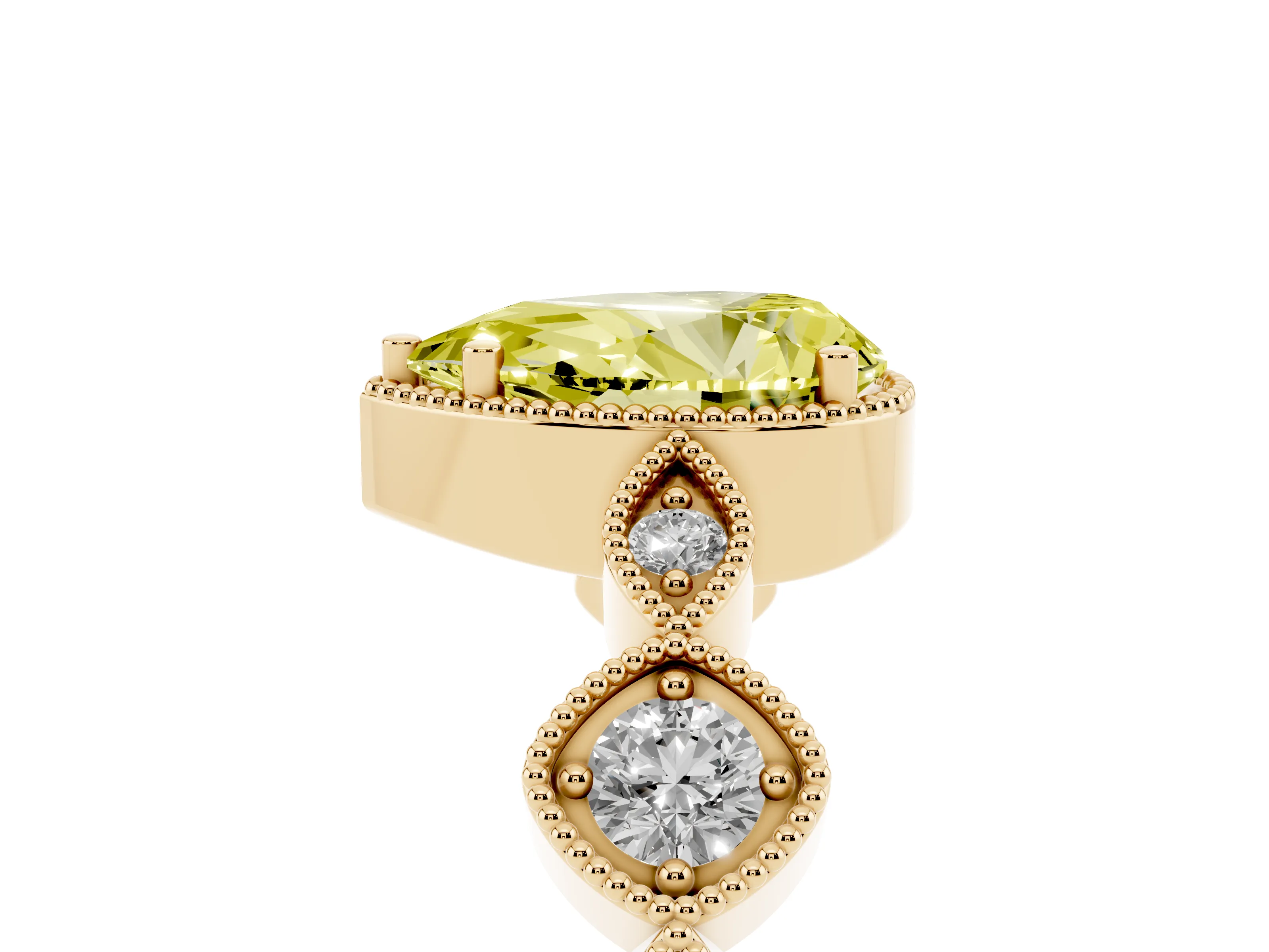 Fancy Yellow Pear Cut Diamond Vintage-Inspired Milgrain Ring Set in Yellow gold with Marquise Stations of Round Accents