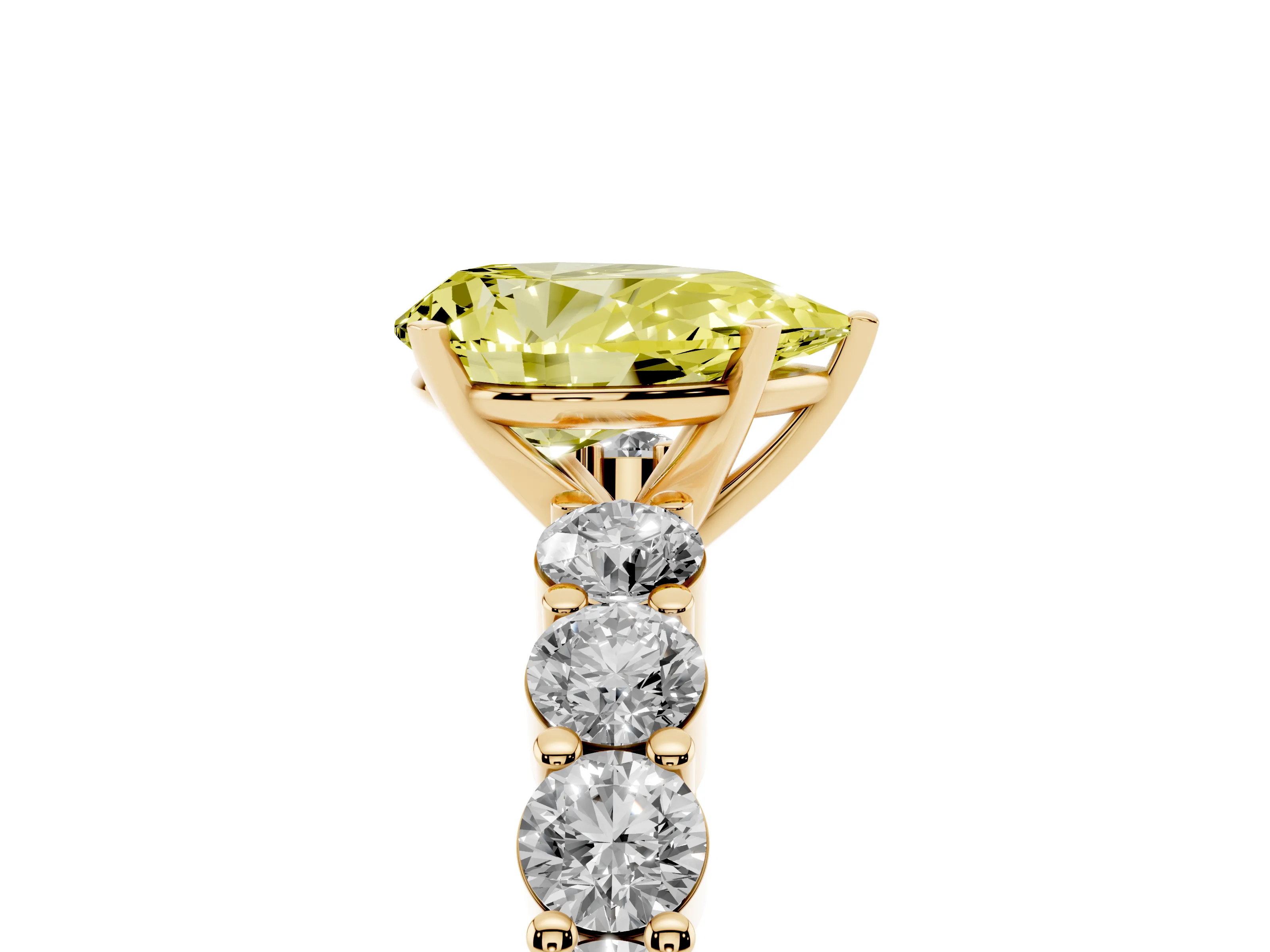 Fancy Yellow Pear Cut Diamond Solitaire Ring Set in Yellow gold with Shared Prong Round Side Stones
