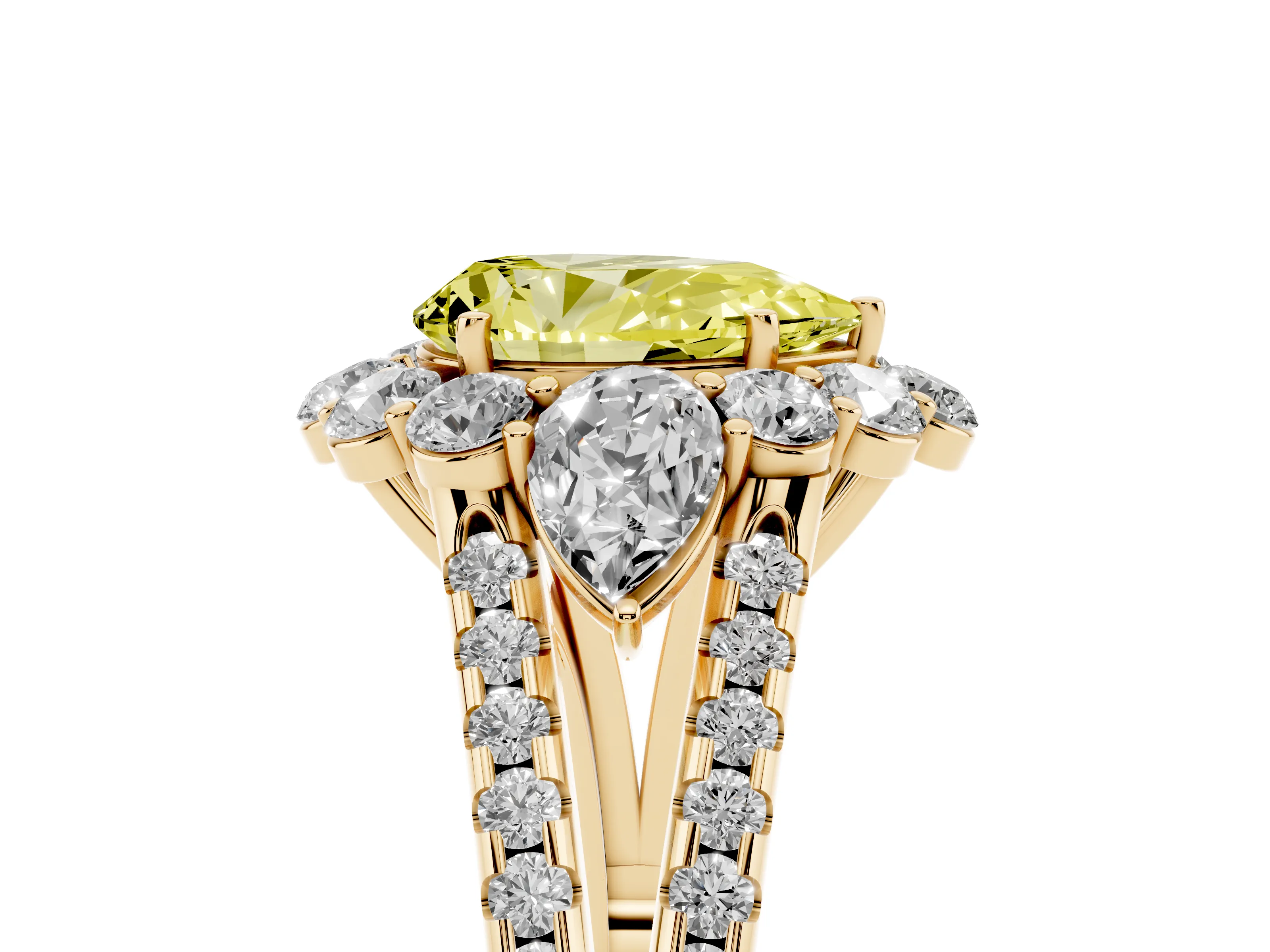 Fancy Yellow Pear Cut Diamond Halo Split Shank Engagement Ring Set in Yellow gold with Prong-Held Center Stone