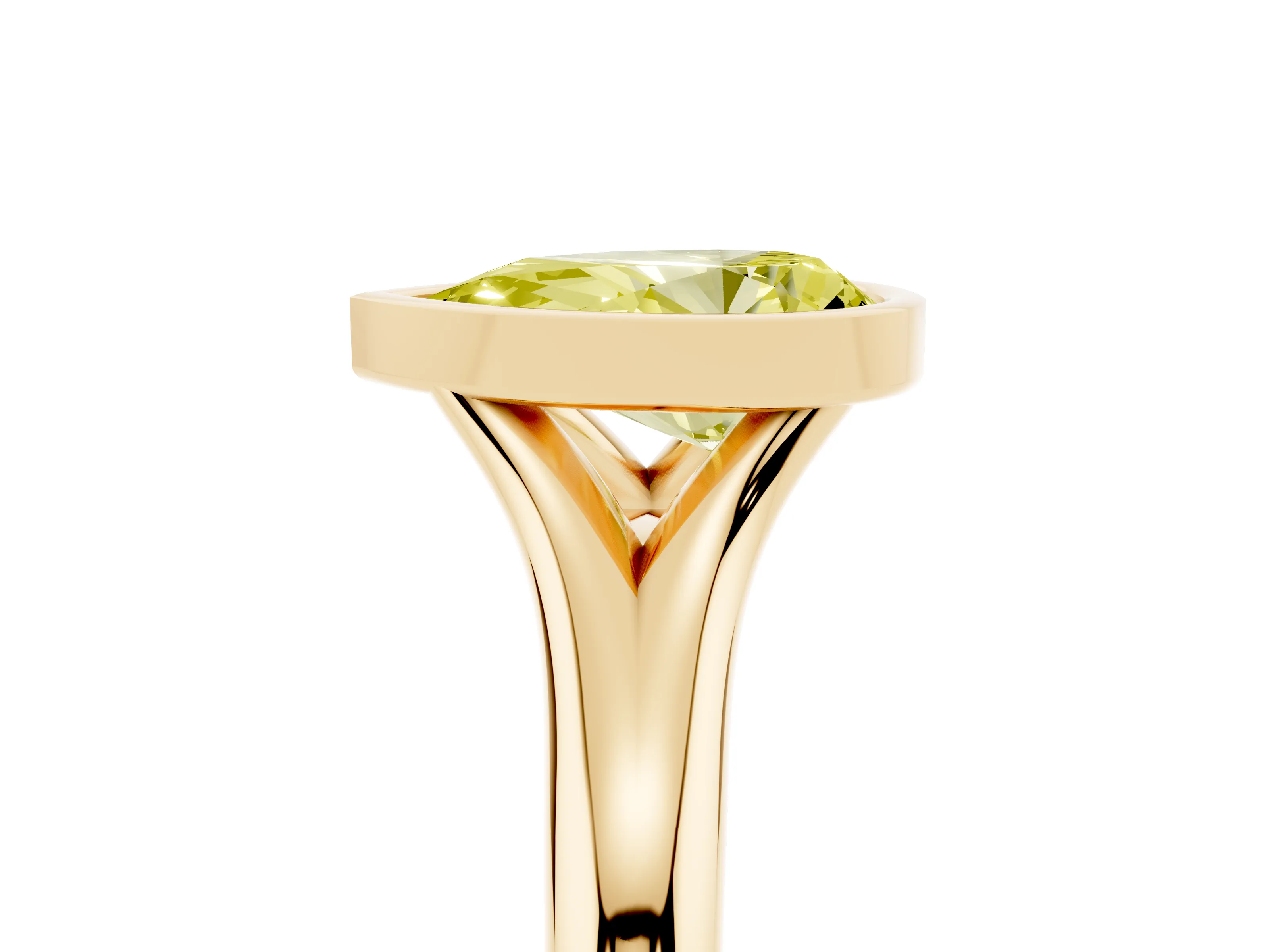 Fancy Yellow Bezel Set Pear Cut Diamond Solitaire Ring Set in Yellow gold with Smooth Band