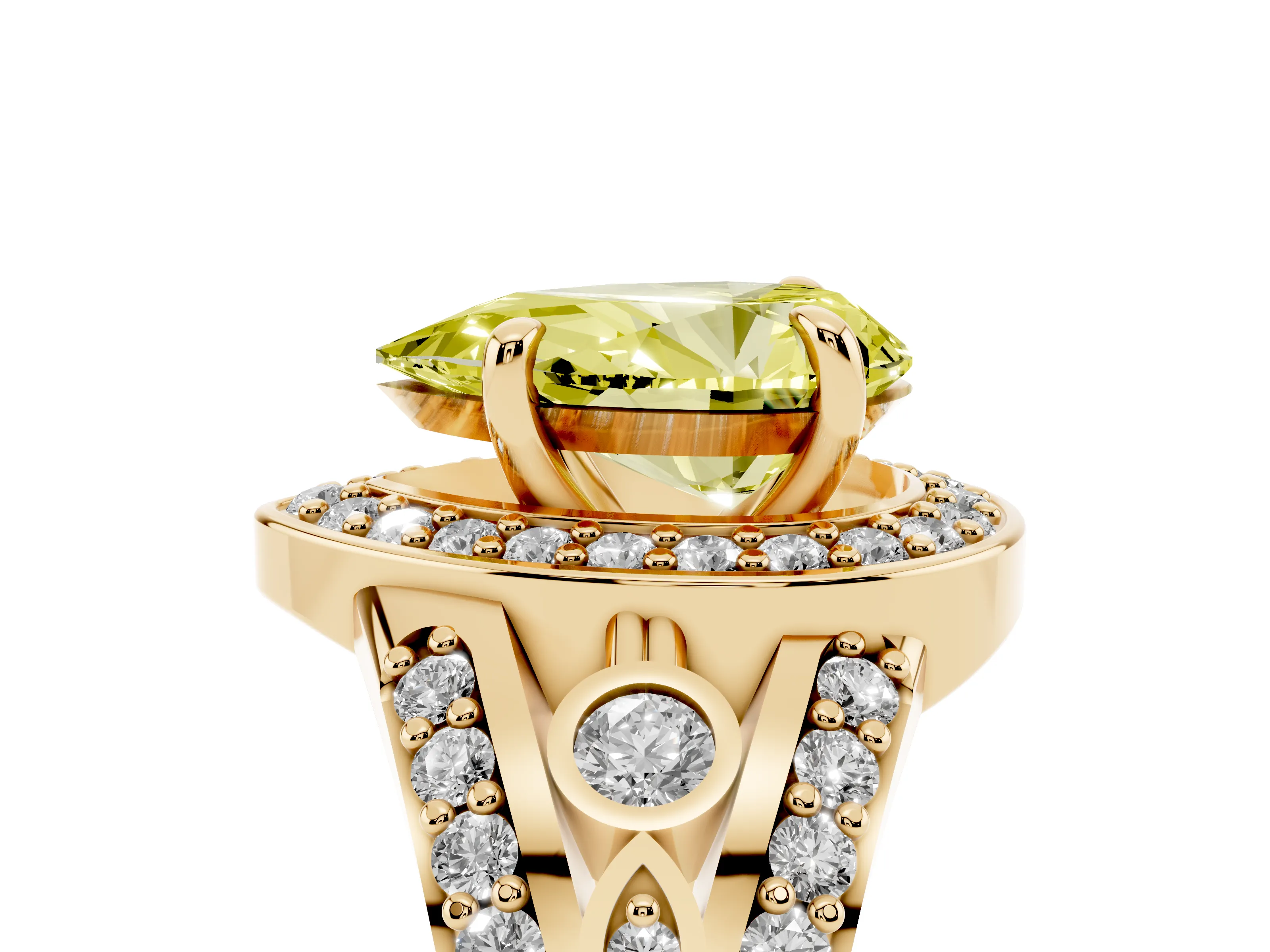 Fancy Yellow Pear Cut Diamond Halo Ring Set in Yellow gold with Pavé Split Shank and Bezel Accents