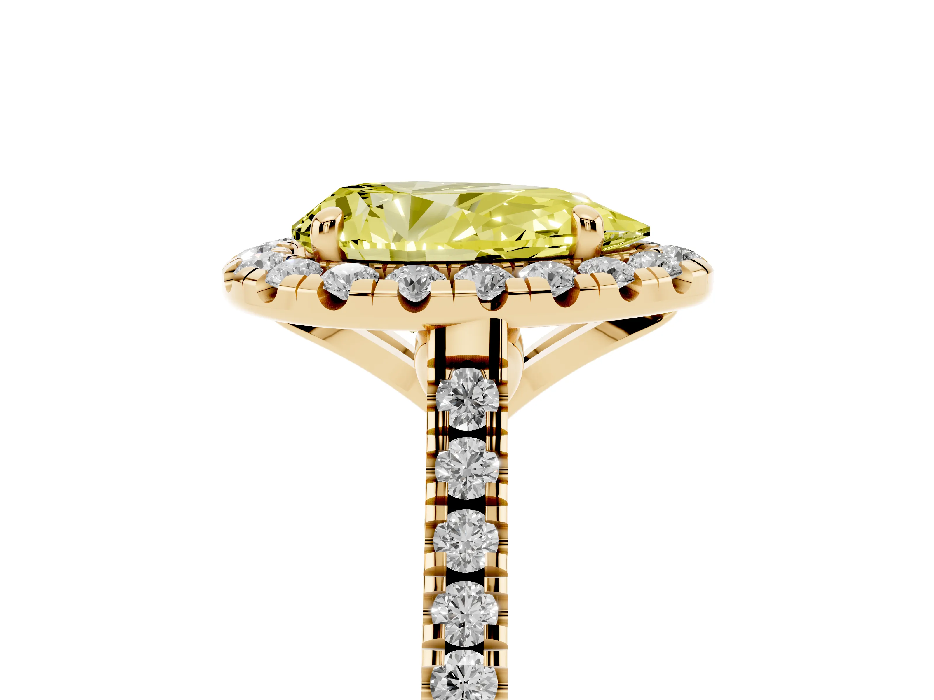 Fancy Yellow Pear Cut Diamond Cushion Halo Ring Set in Yellow gold with Pavé Band