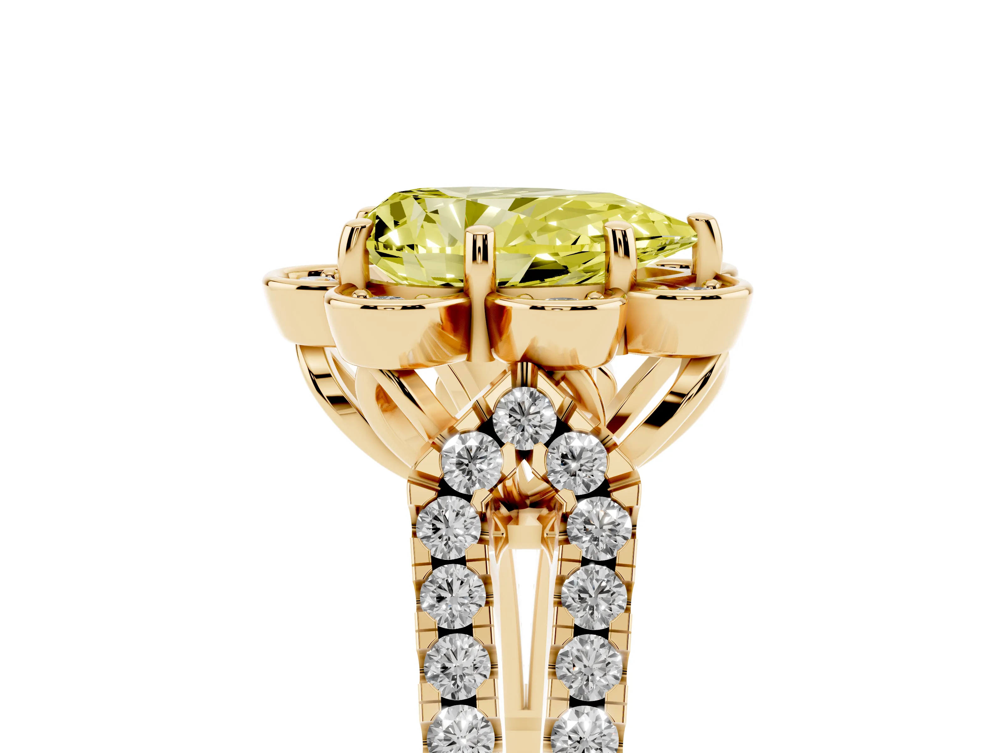 Fancy Yellow Pear Cut Diamond Floral Halo Split Shank Engagement Ring Set in Yellow gold with Pavé Shank