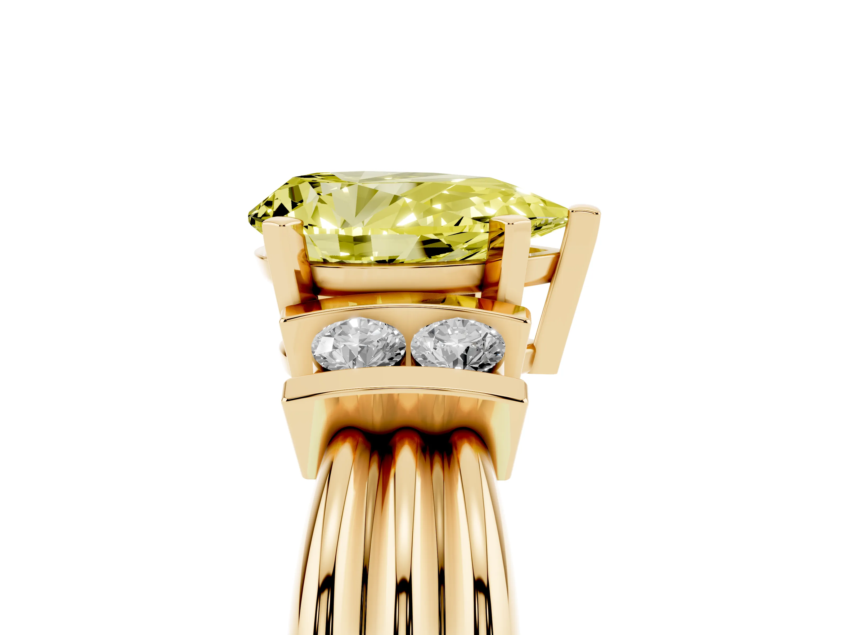 Fancy Yellow Three-Stone Pear Cut Diamond Channel Set Ring Set in Yellow gold with Bar Prongs