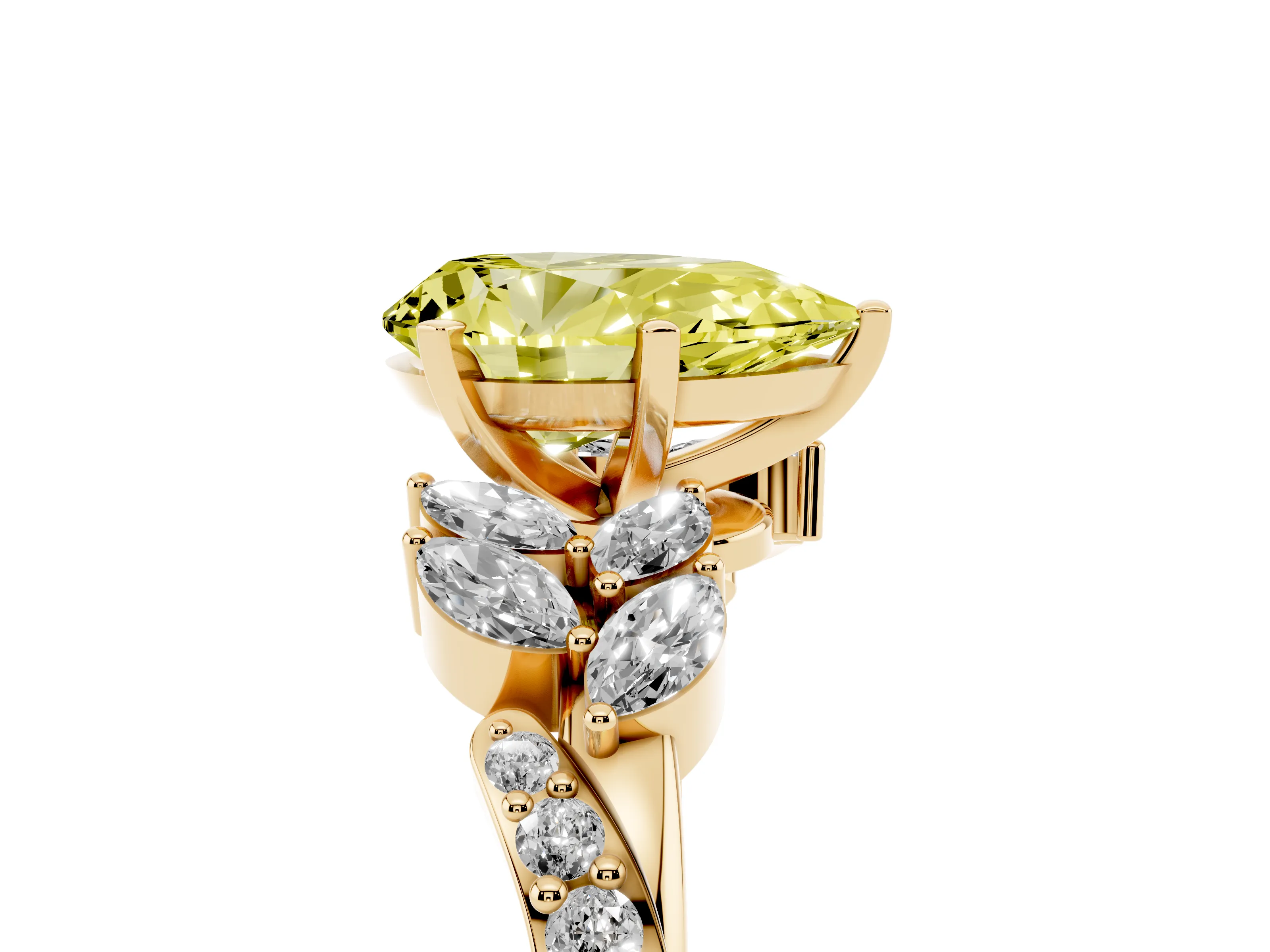 Fancy Yellow Pear Cut Diamond Solitaire Ring Set in Yellow gold with Marquise Twist Band and Prong Setting
