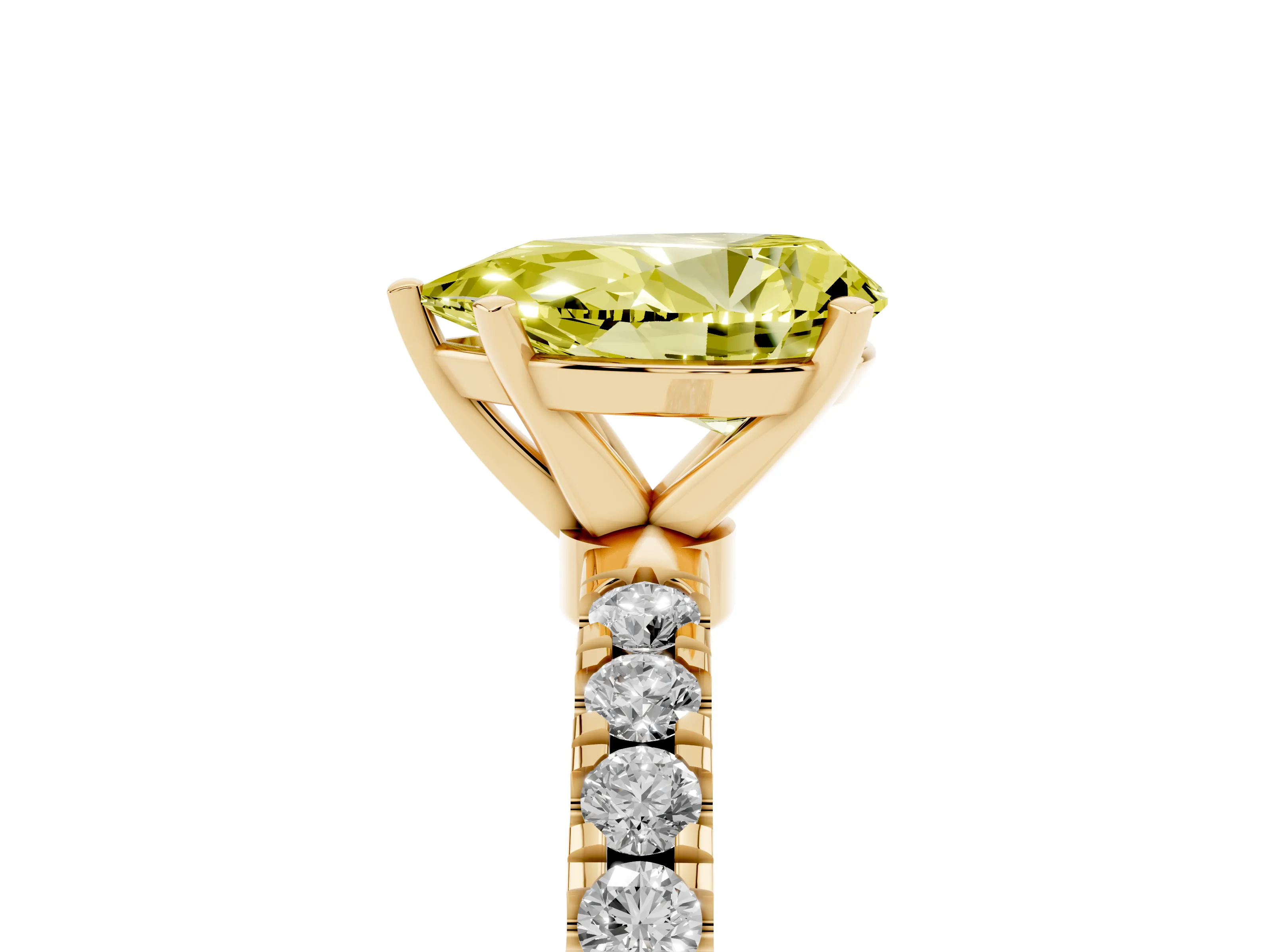 Fancy Yellow Pear Cut Diamond Solitaire Ring Set in Yellow gold with Pavé Accents and Prong Setting