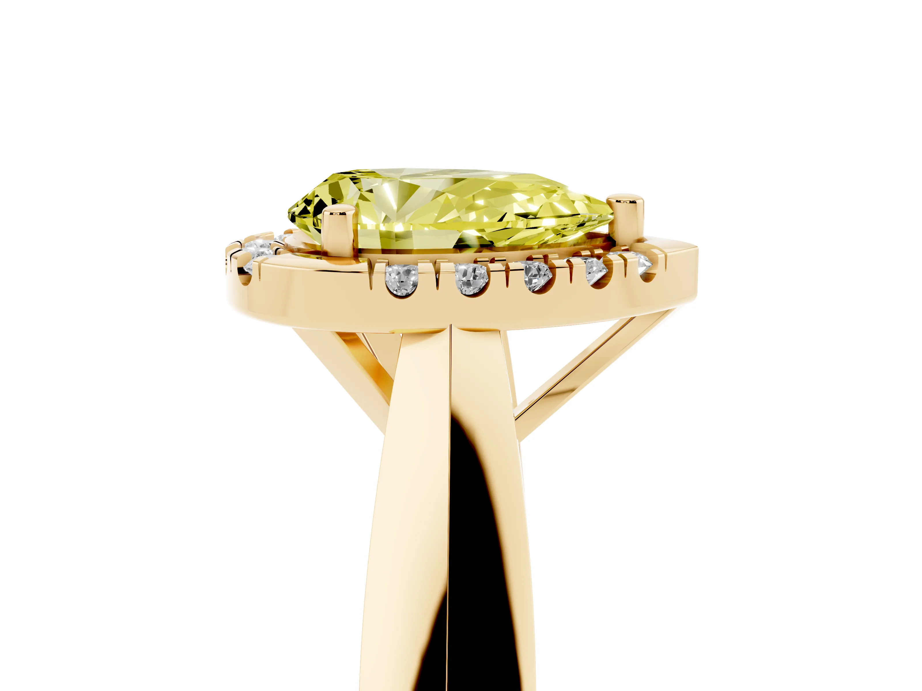 Fancy Yellow Pear Cut Diamond Halo Solitaire Engagement Ring Set in Yellow gold with Square Band and Prong Setting