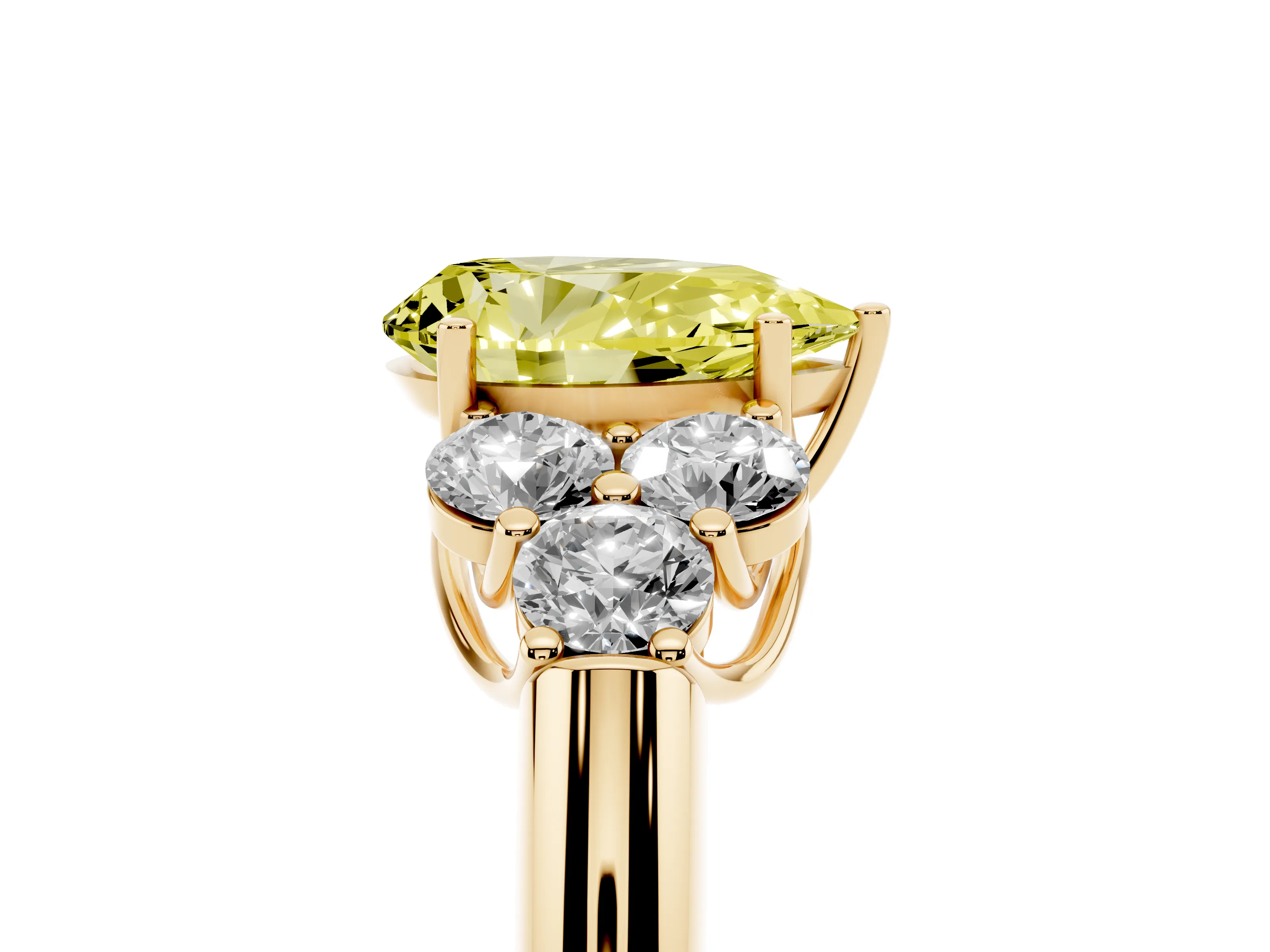 Fancy Yellow Pear Cut Diamond Cluster Ring Set in Yellow gold with Round Accent Stones and Prong Setting on a Plain Band