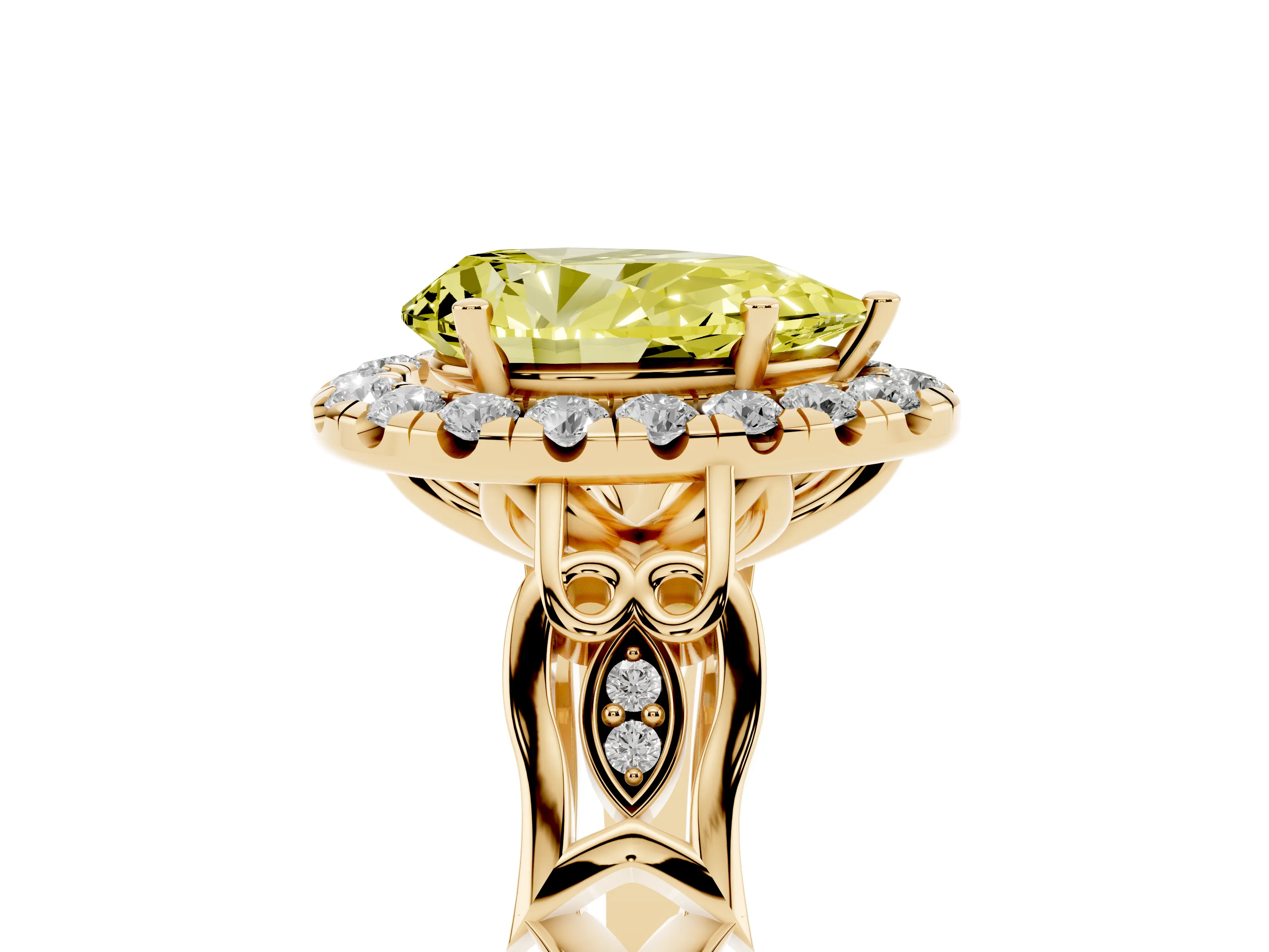 Fancy Yellow Pear Cut Diamond Halo Engagement Ring Set in Yellow gold with Filigree Band and Prong-Set Center
