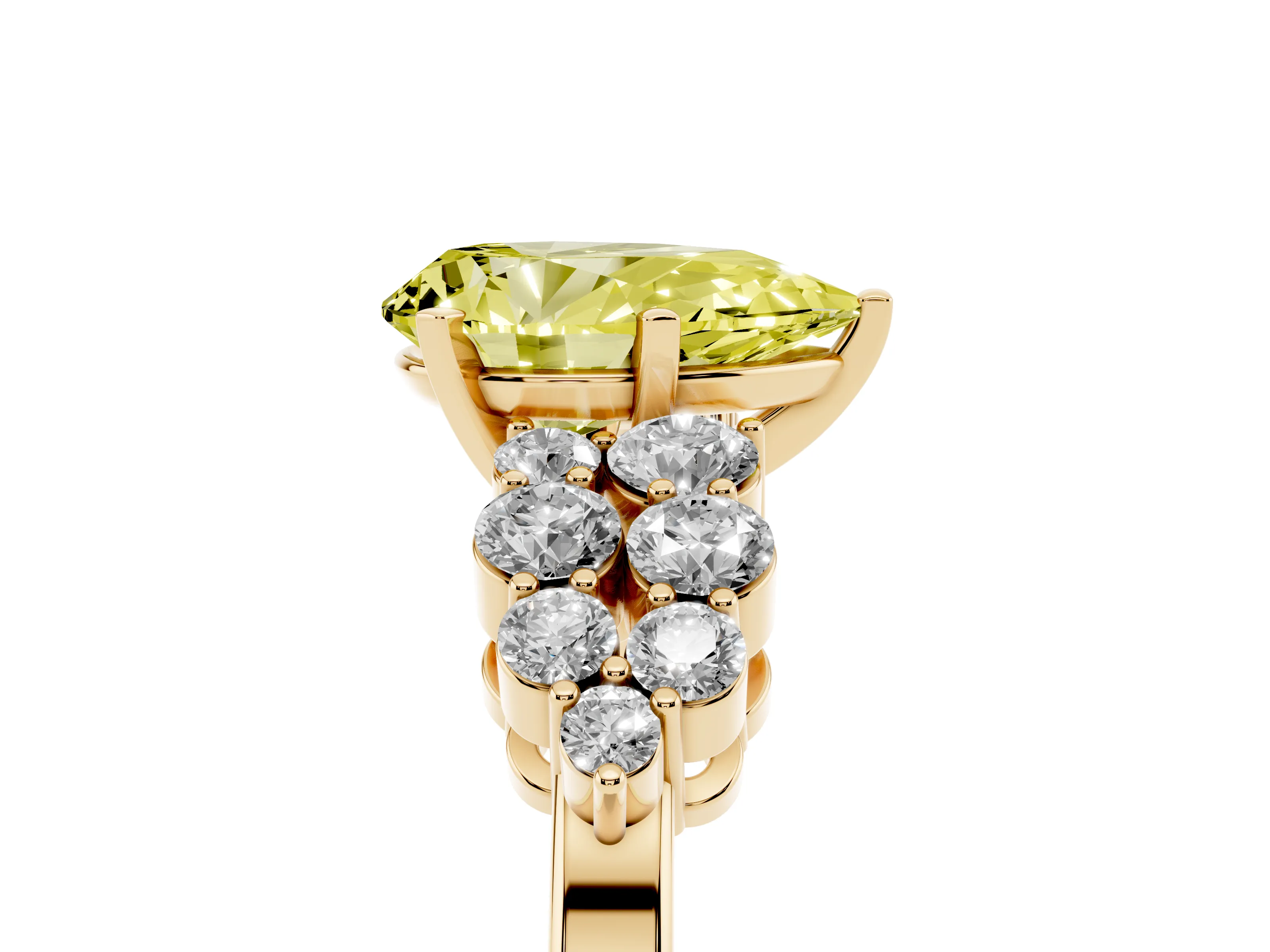 Fancy Yellow Pear Cut Diamond Cluster Engagement Ring Set in Yellow gold with Pavé Band and Prong Setting