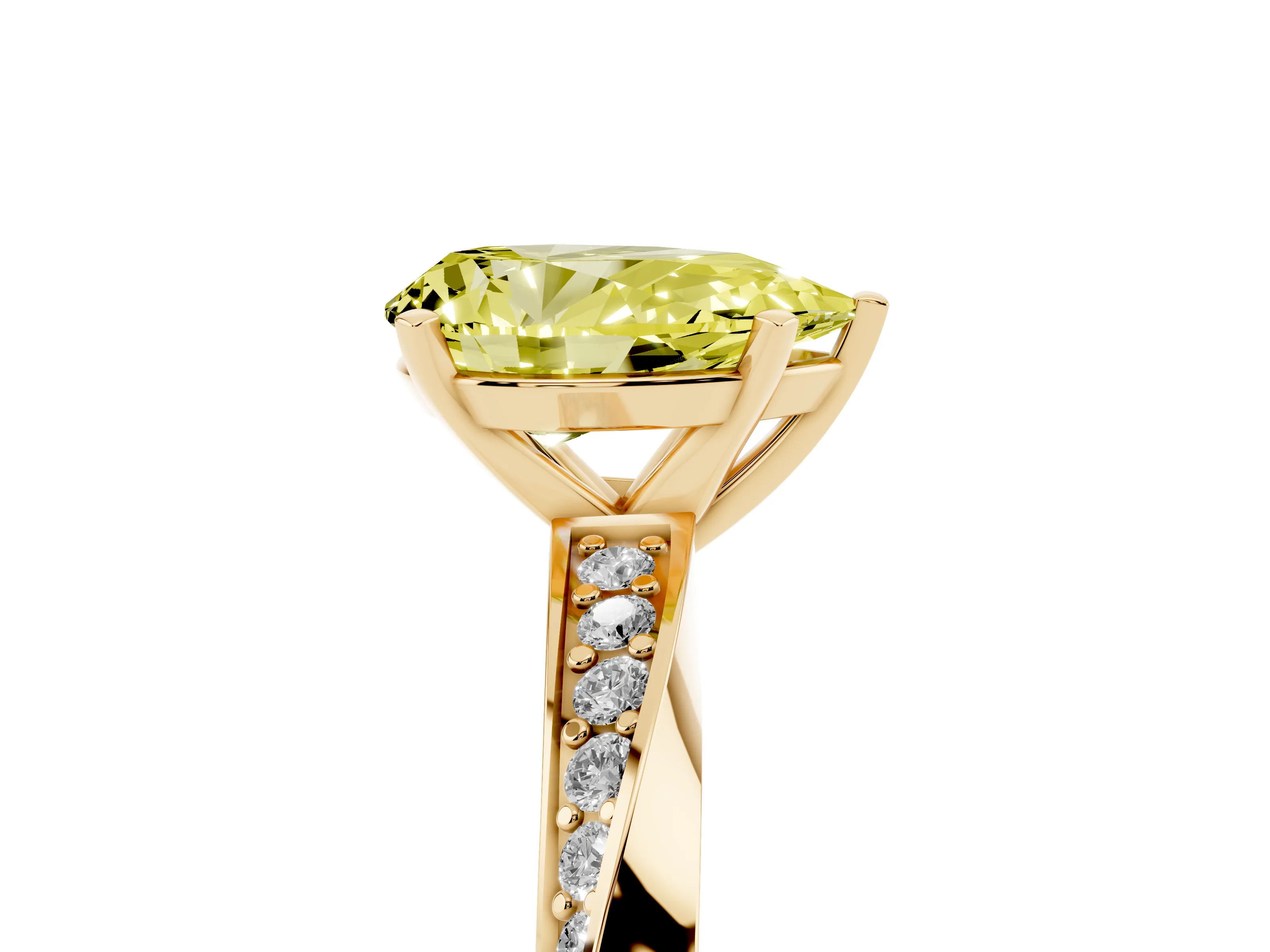 Fancy Yellow Pear Cut Diamond Engagement Ring Set in Yellow gold with Side Stone Accents and Prong Setting