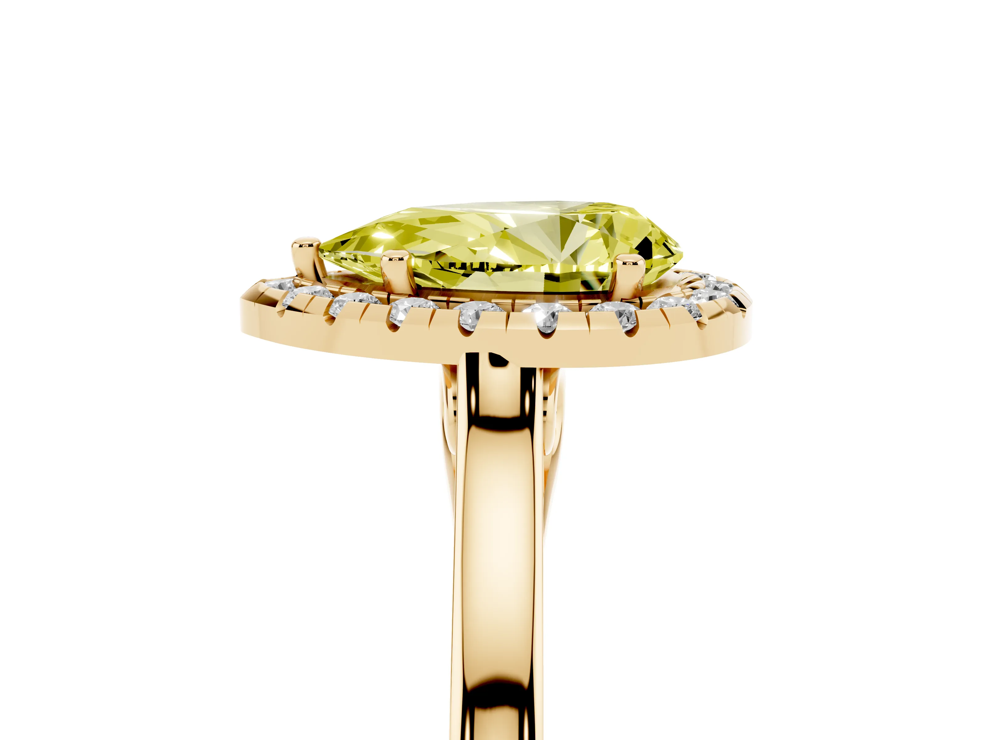 Fancy Yellow Pear Cut Halo Round Diamond Solitaire Ring Set in Yellow gold with Pavé Band and Prong Setting