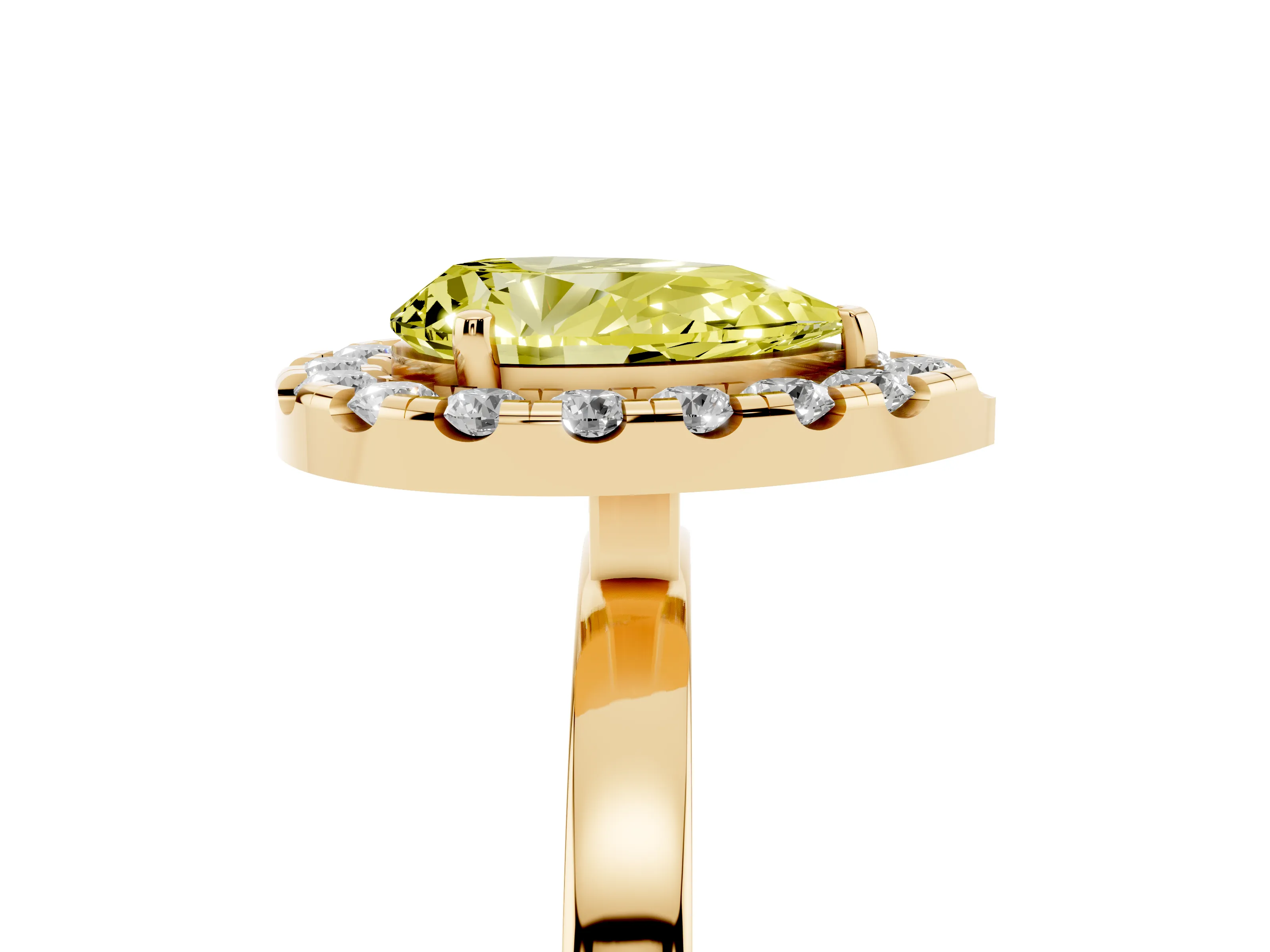 Fancy Yellow Pear Cut Diamond Halo Solitaire Ring Set in Yellow gold with Pavé Band and Prong Setting