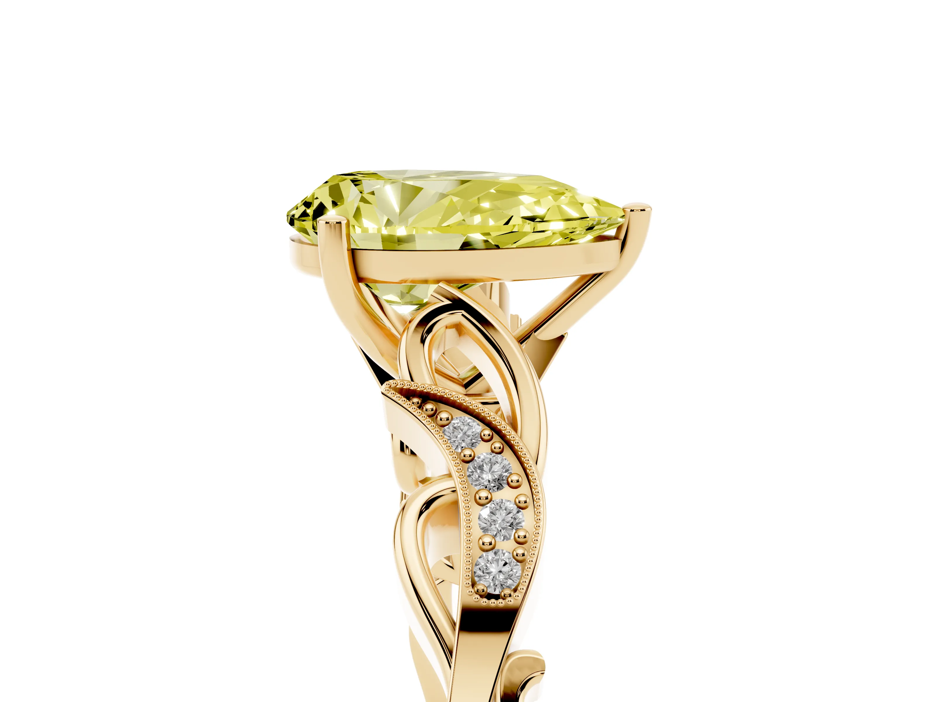 Fancy Yellow Pear Cut Diamond Vine Band Solitaire Ring Set in Yellow gold with Milgrain Prong Setting