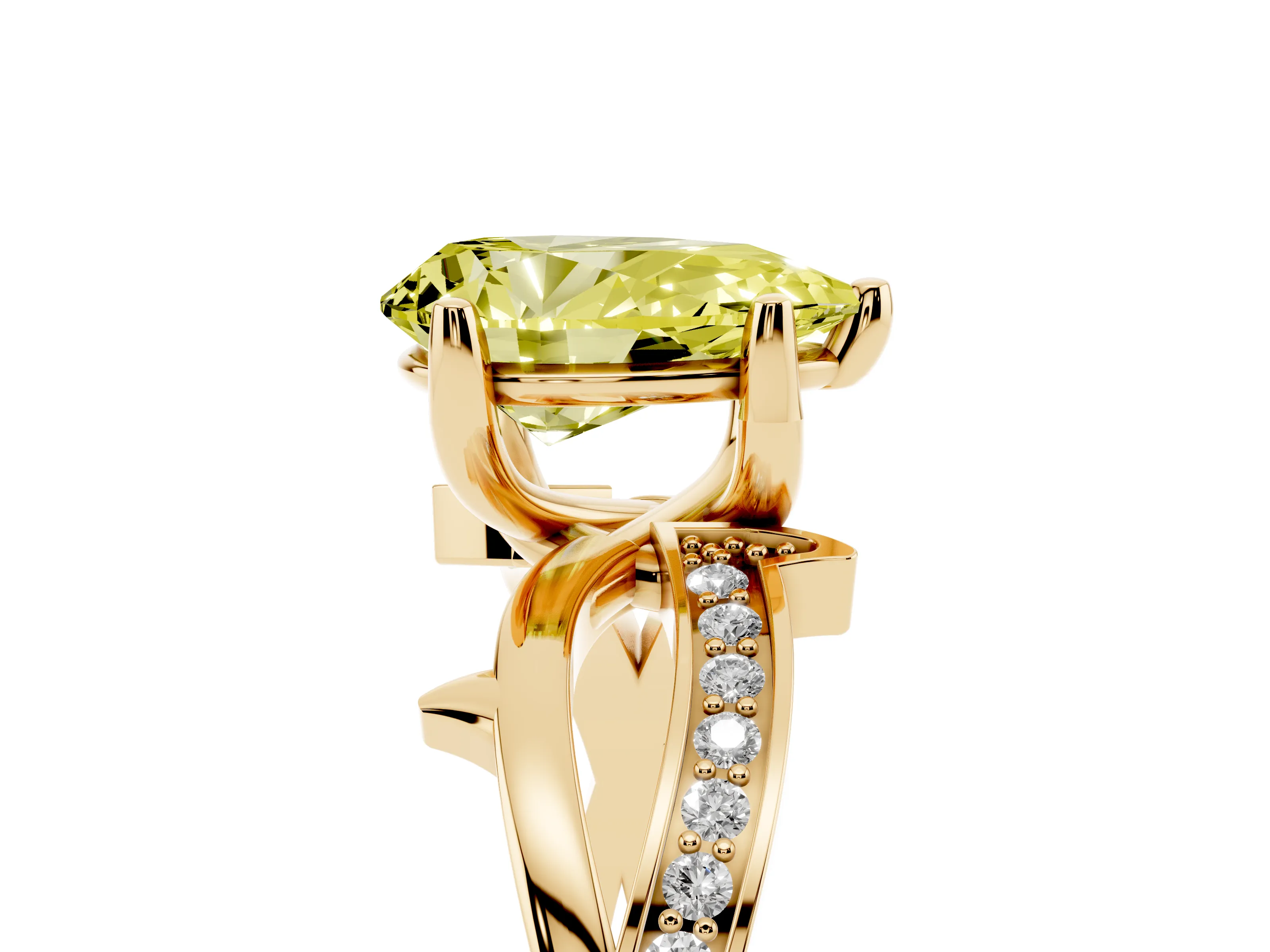 Fancy Yellow Pear Cut Diamond Pavé Twist Band Solitaire Ring Set in Yellow gold with Prong Setting