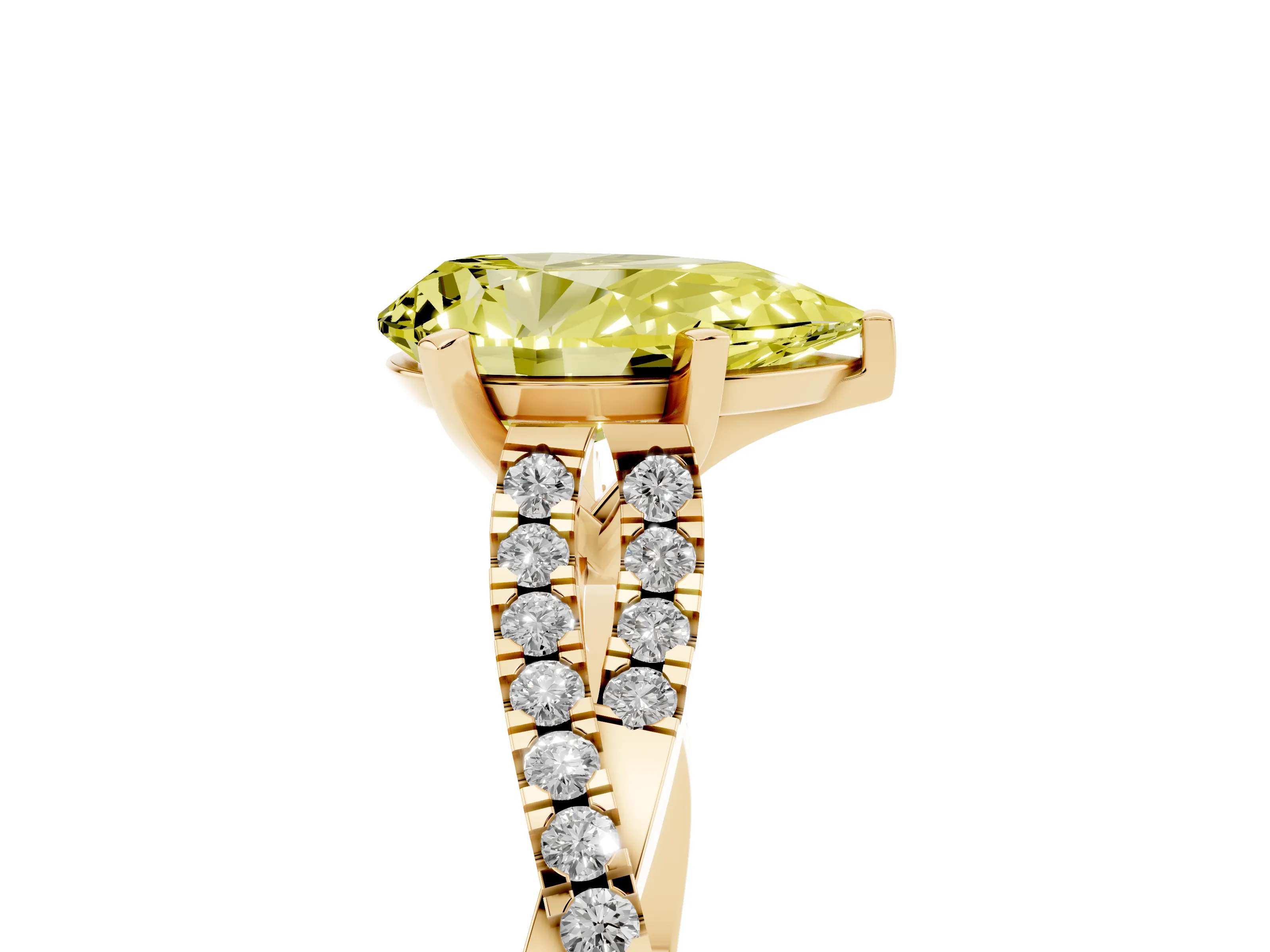 Fancy Yellow Pear Cut Diamond Solitaire Engagement Ring Set in Yellow gold with Twisted Pavé Band and Prong Setting
