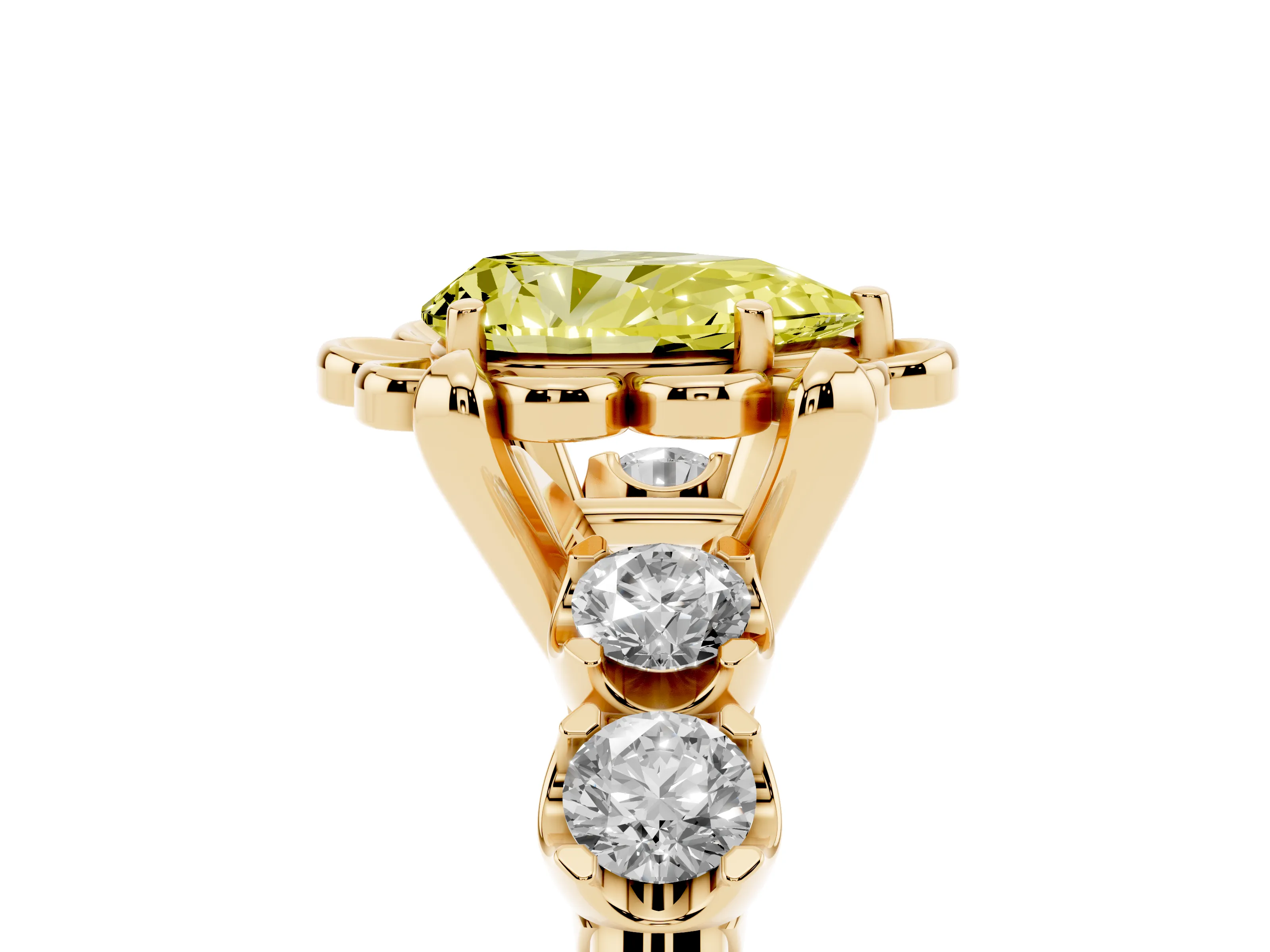 Fancy Yellow Pear Cut Diamond Floral Halo Ring Set in Yellow gold with Shared Prong Band