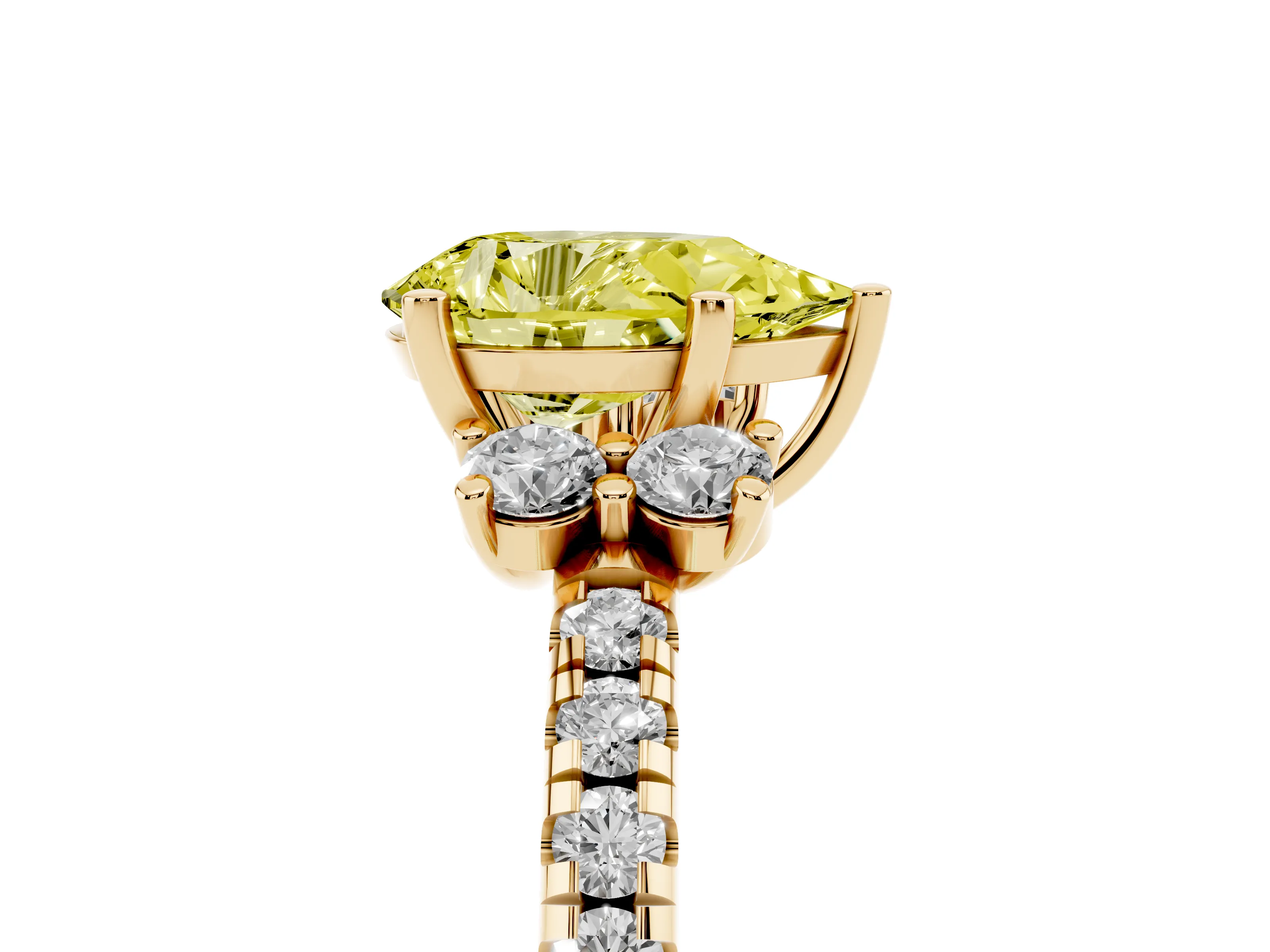 Fancy Yellow Pear Cut Diamond Three-Stone Pavé Ring Set in Yellow gold with Prong Setting