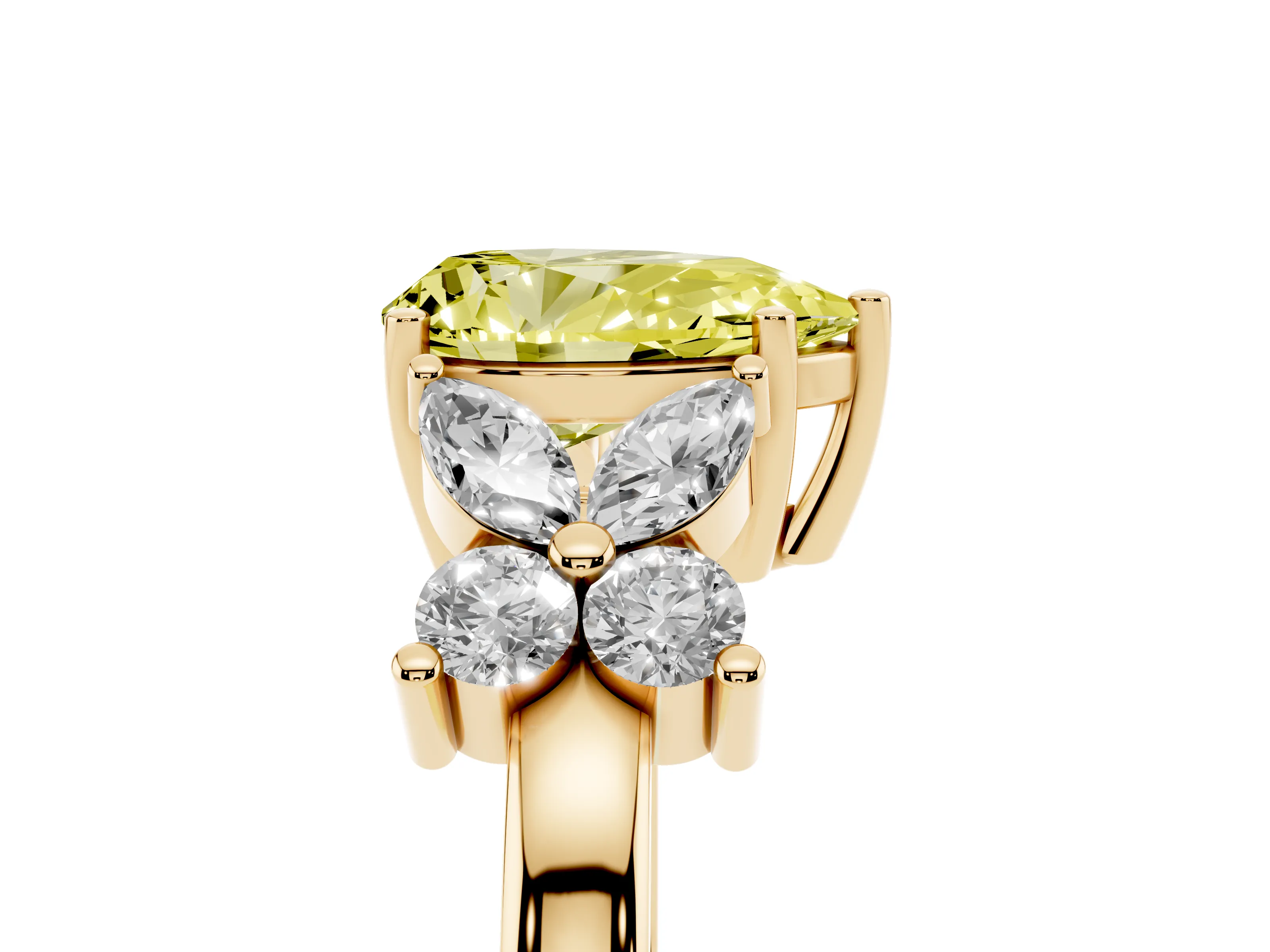 Fancy Yellow Pear Cut Diamond Floral Cluster Ring Set in Yellow gold with Marquise Petals and Prong Setting