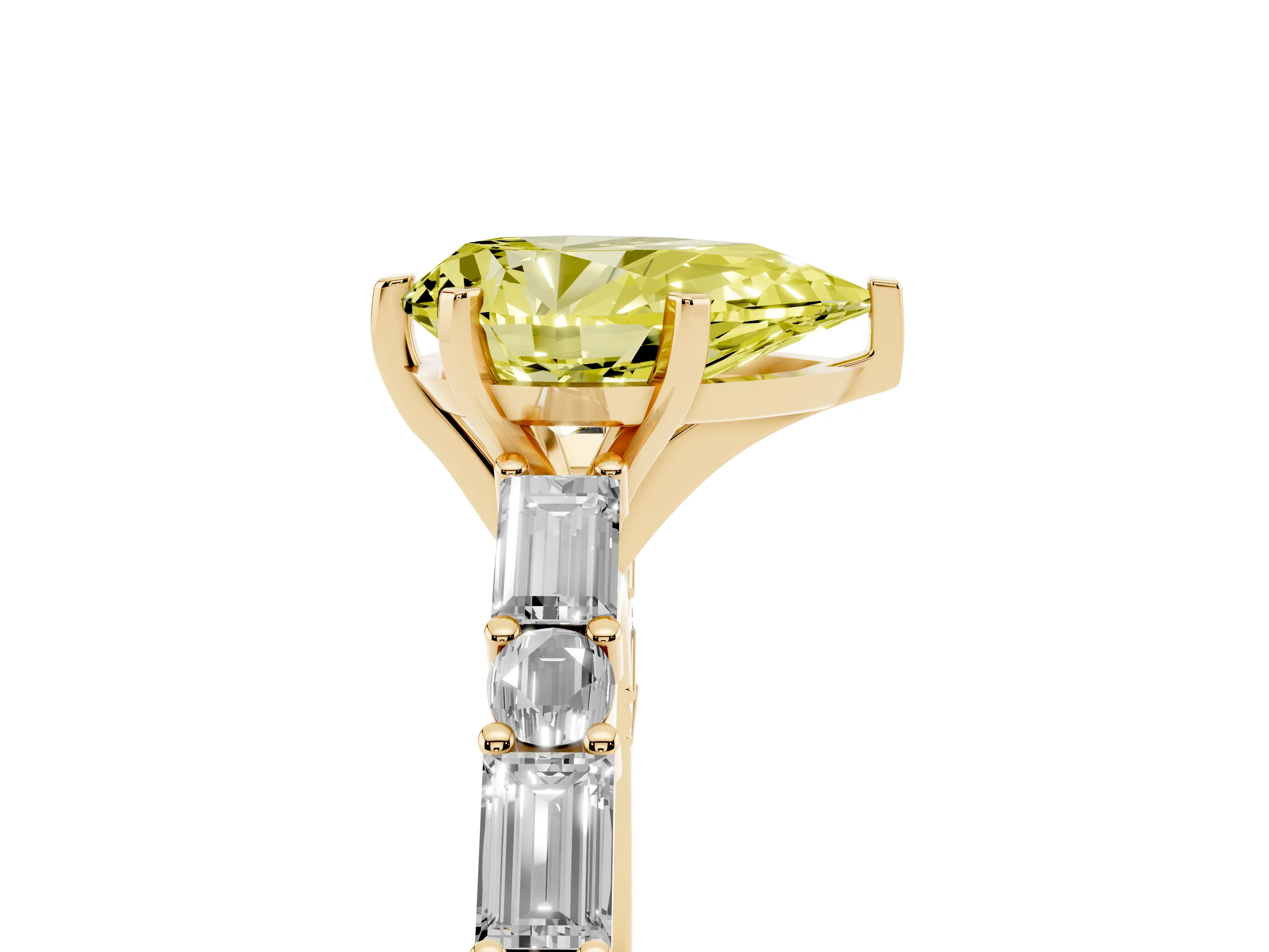 Fancy Yellow Pear Cut Diamond Solitaire Set in Yellow gold with Side Baguettes and Channel Set Band