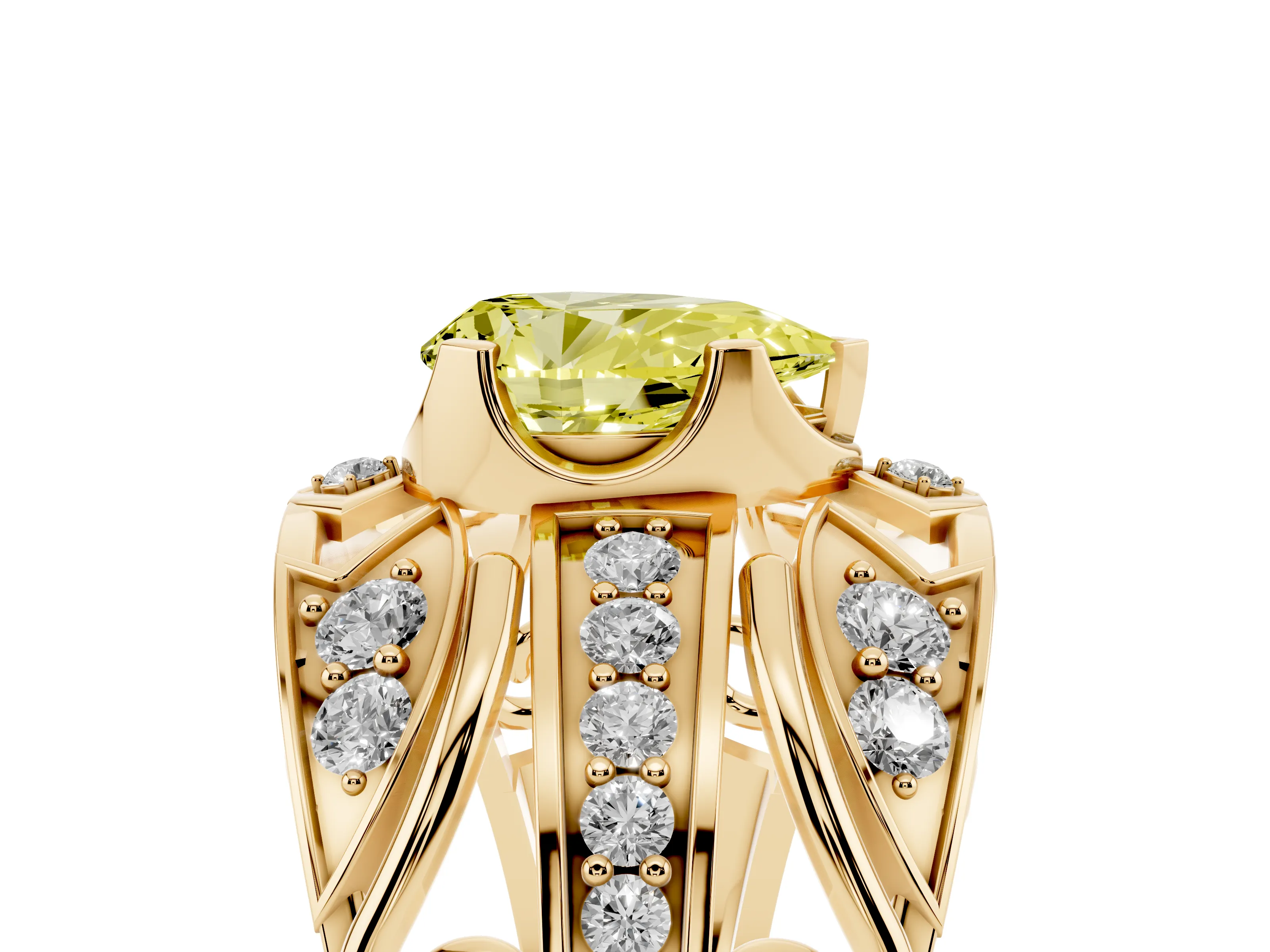 Fancy Yellow Pear Cut Diamond Art Deco Ring Set in Yellow gold with Pavé Split Shank