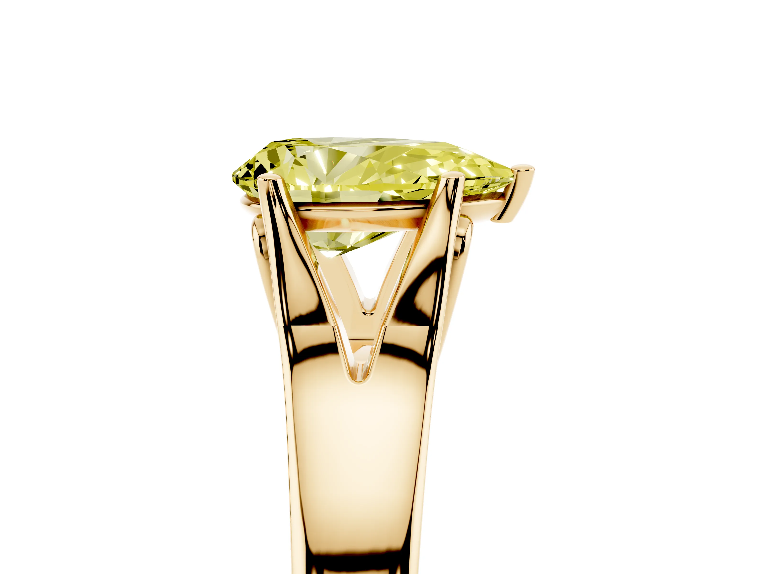 Fancy Yellow Pear Cut Diamond Solitaire Ring Set in Yellow gold with Arched Cathedral Band and Prong Setting