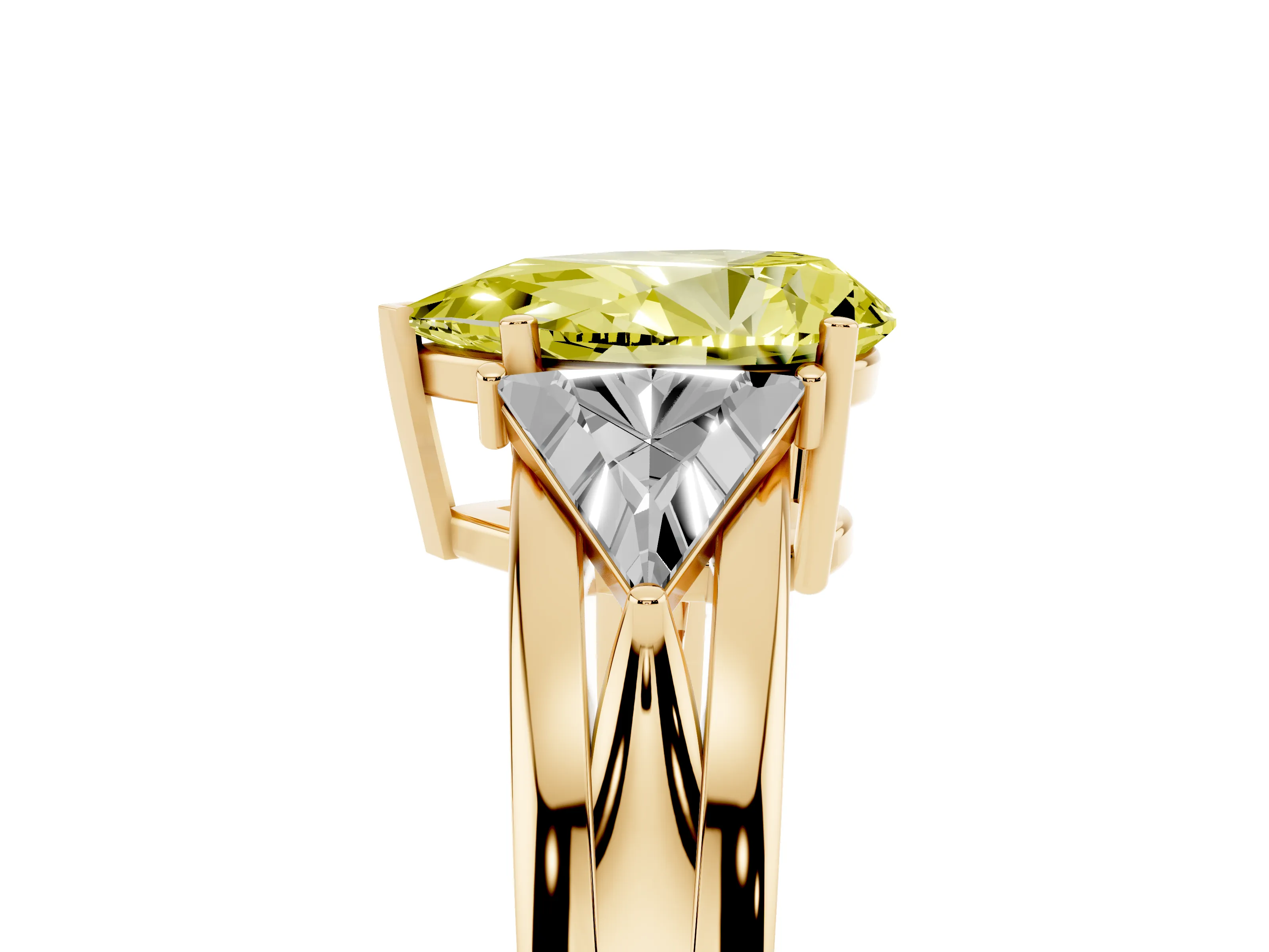 Fancy Yellow Pear Cut Diamond Three-Stone Ring Set in Yellow gold with Trillion Side Stones and Split Shank