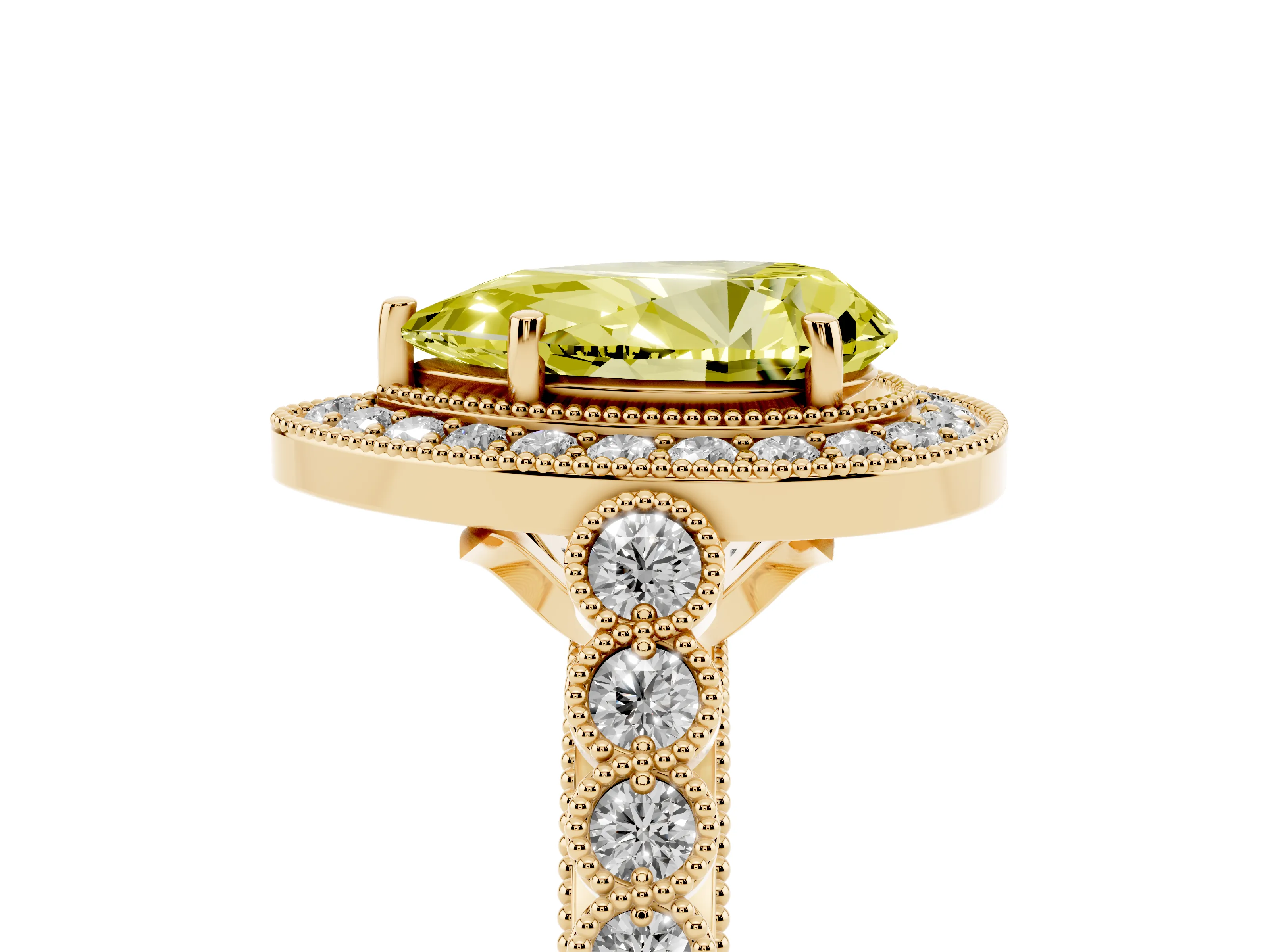Fancy Yellow Pear Cut Diamond Milgrain Halo Solitaire Ring Set in Yellow gold with Bezel Set Side Stones and Pavé Band