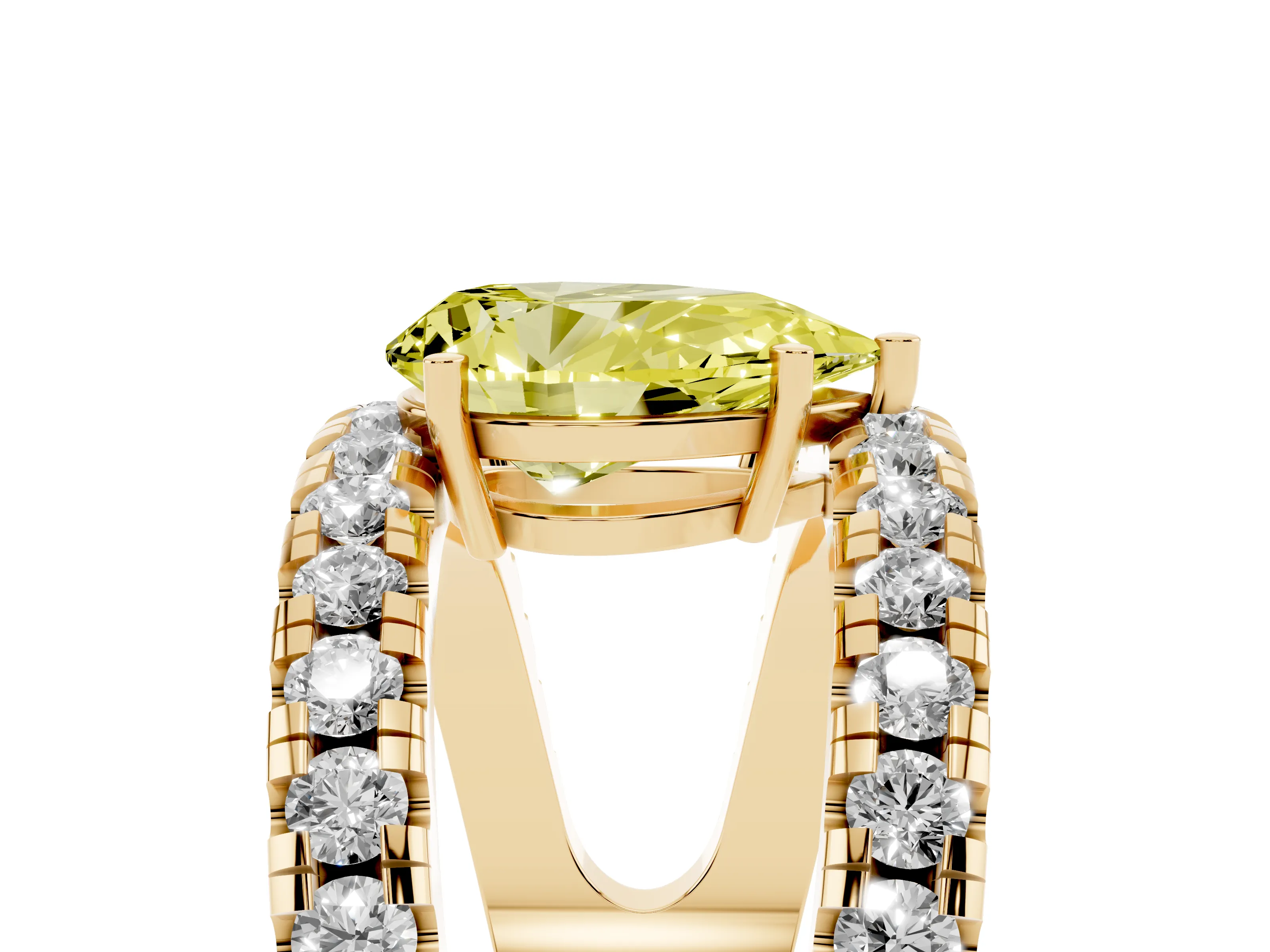Fancy Yellow Pear Cut Diamond Split Shank Pavé Solitaire Ring Set in Yellow gold with Open Shank Design