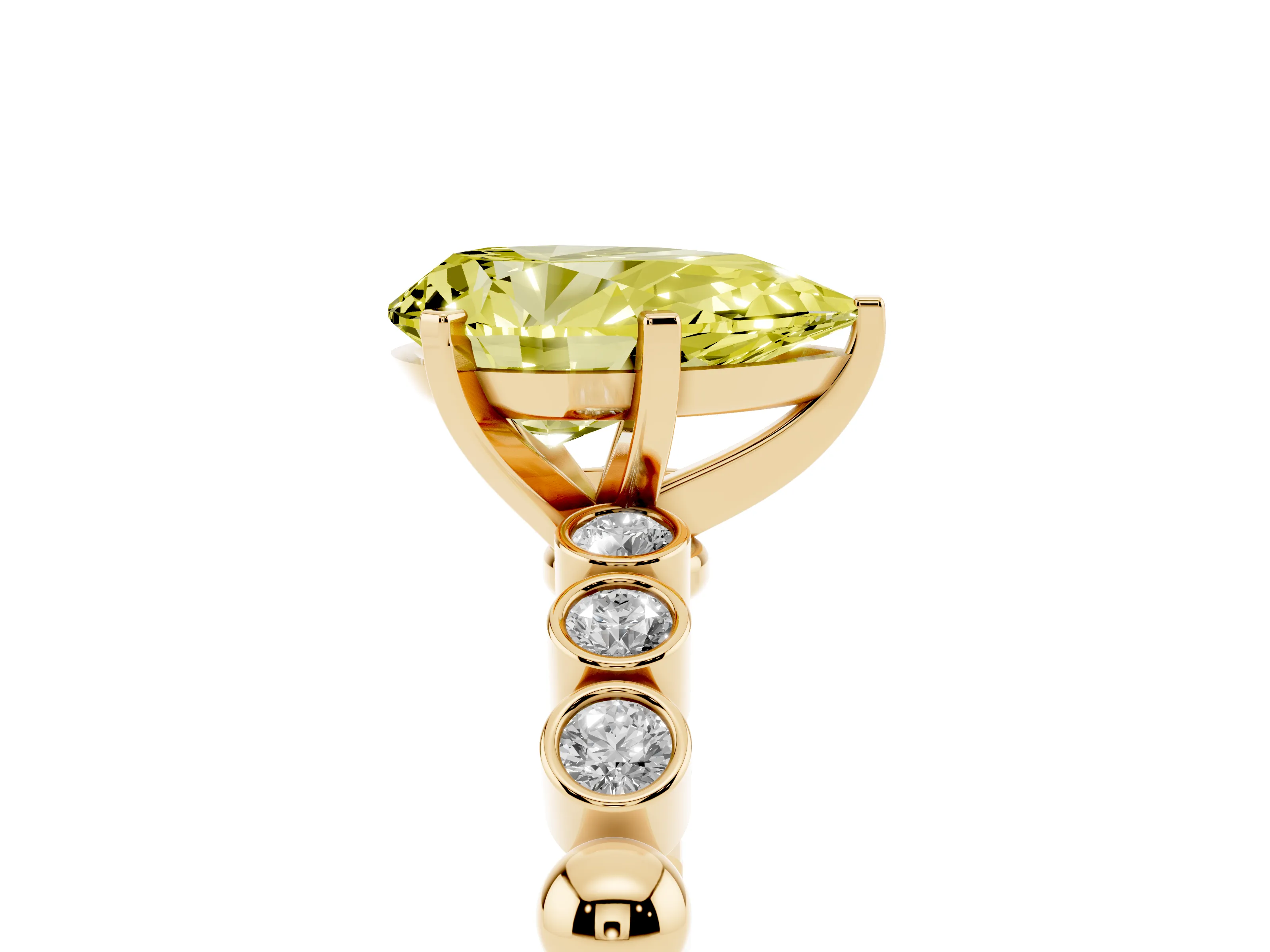 Fancy Yellow Pear Cut Diamond Solitaire Engagement Ring Set in Yellow gold with Bezel Accents on Beaded Band