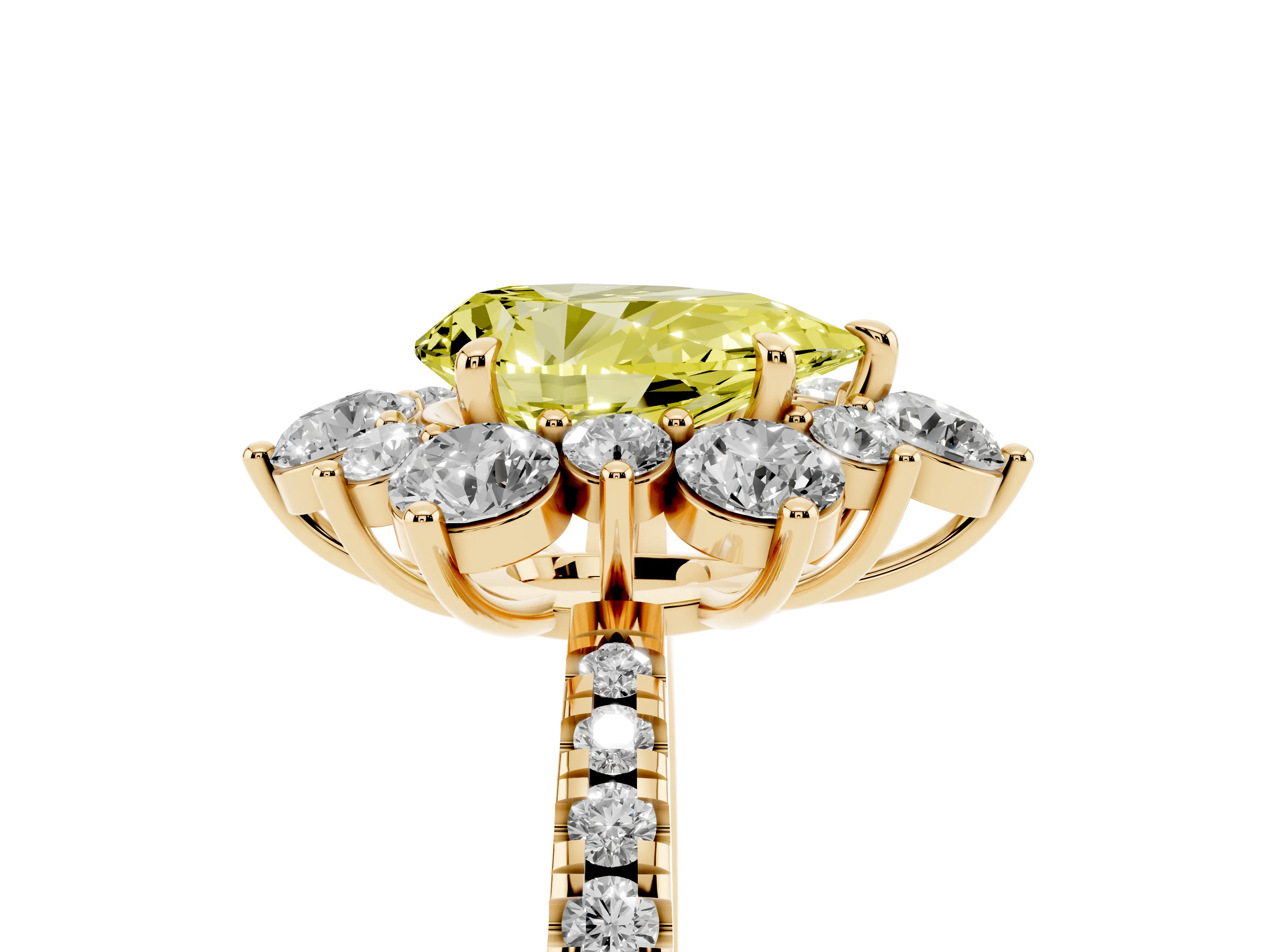 Fancy Yellow Pear Cut Diamond Floral Halo Ring Set in Yellow gold with Round Pavé Band and Prong Setting