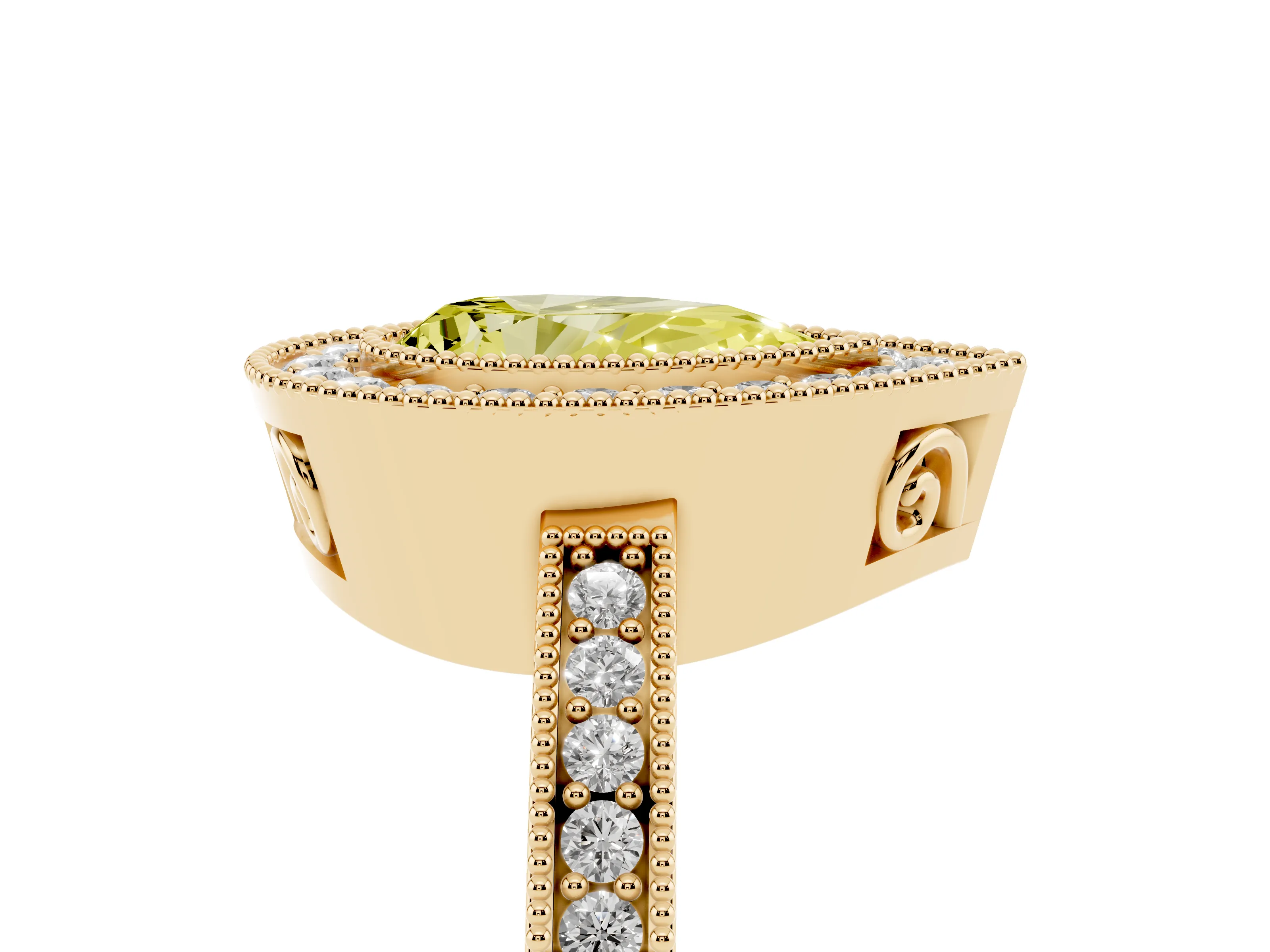 Fancy Yellow Pear Cut Diamond Round Halo Ring Set in Yellow gold with Pavé Band